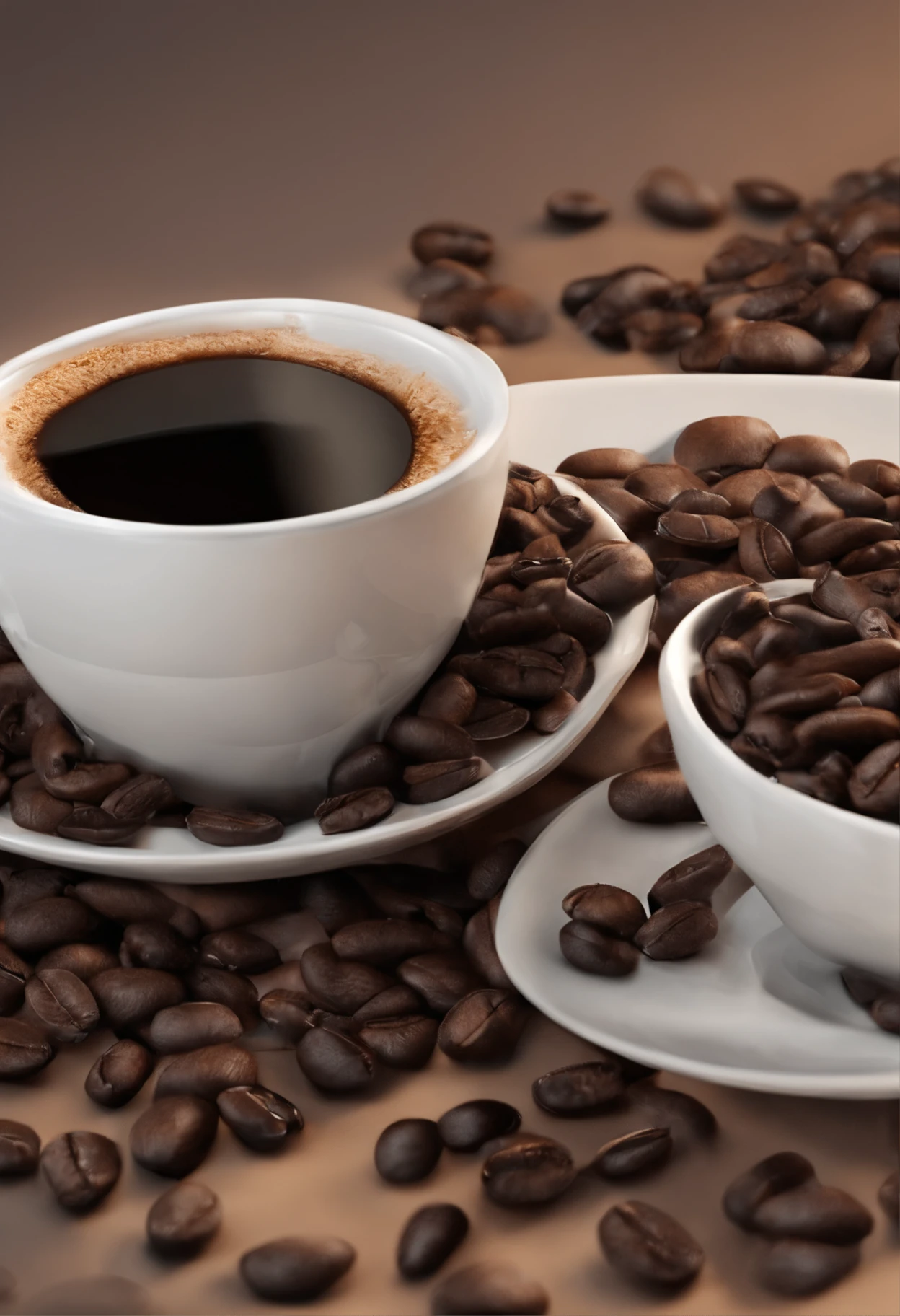 There are a lot of coffee beans on the elegant desktop, with a cup of black coffee inside, exuding hot air, masterpiece, advertising photography -like effect, real details, 8K