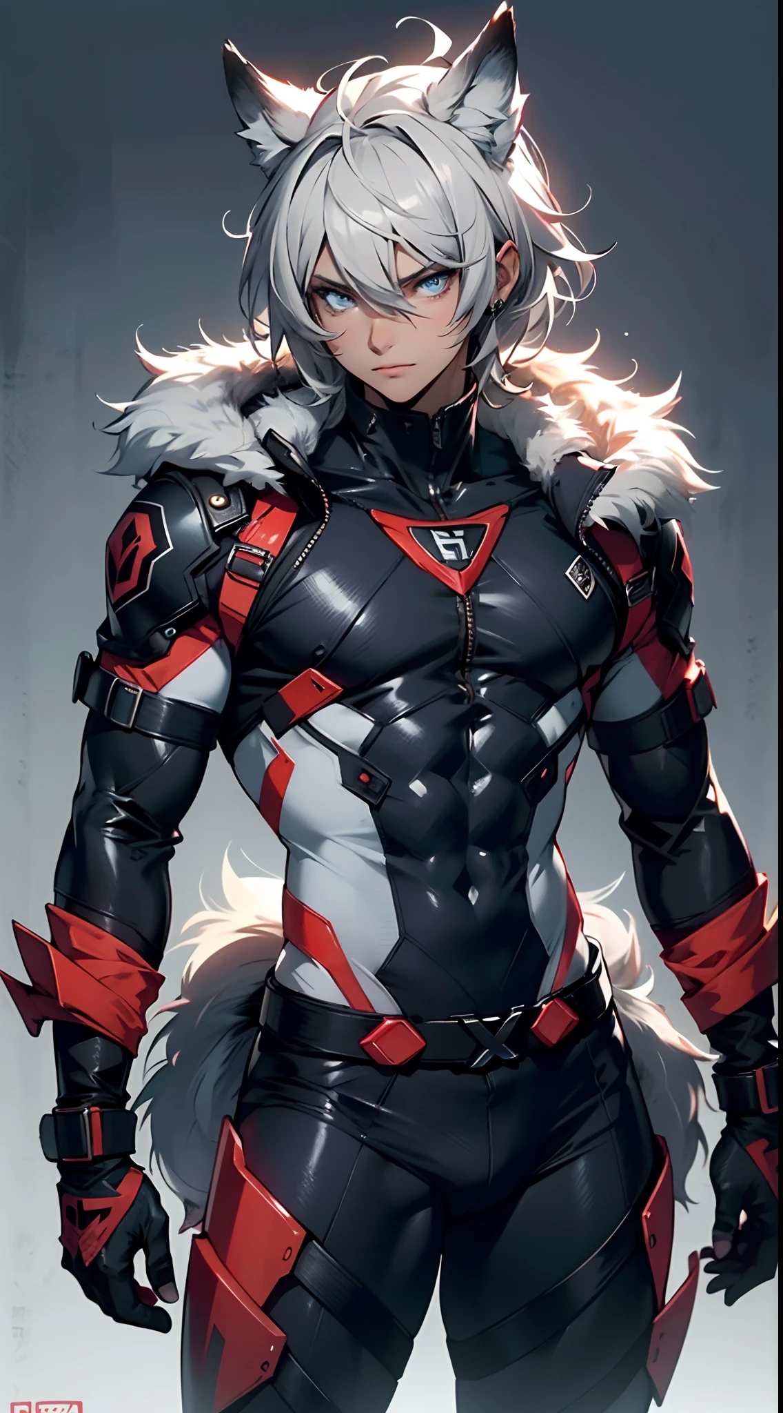 4K, high resolution, Best quality, Masterpiece, perfect colors, perfectly shaded, Perfect lighting, posted on e621, (by Chunie), Furry, anthro, Furry art, ((Portrait)),((male people)), Male wolf, gray wolf, (two-toned fur), hairy bodies, Blue eyes, (Seductive look:1.2), fit body, perfect male figure, latex body suit,Abs,musculature,Detailed fur, Detailed face, Perfect face, (The stands up), Detailed background, ((Bonifasko lighting)), Wolf tail, (Detailed eyes), perfect pupils,short detailed hair,suntanned skin,Handsome
