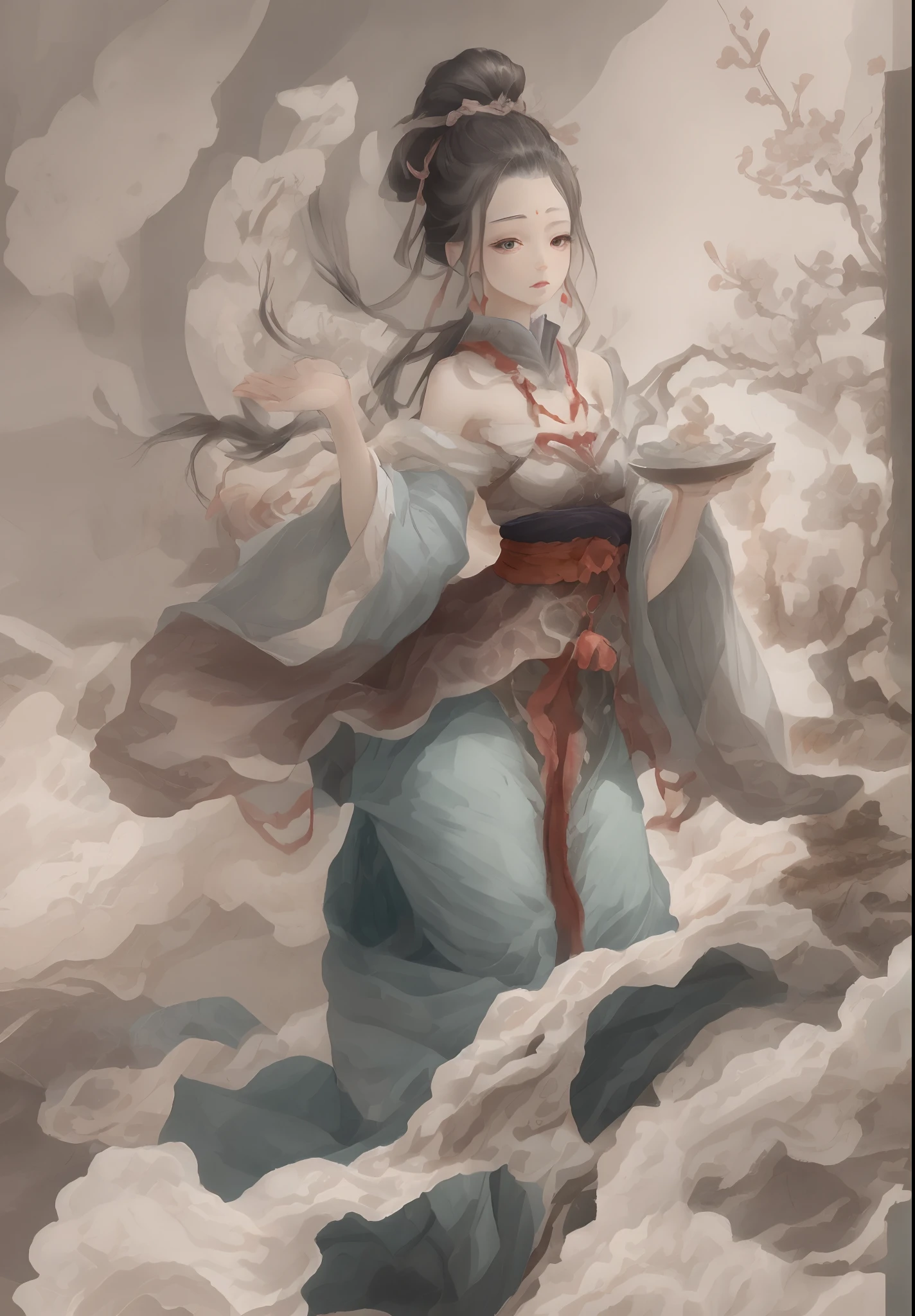 ((4k,masterpiece,best quality)), shuimobysim, Traditional chinese painting, lotuses, Hanfu, maxiskit, Feminine 1girl, solo, blue long hair, ssmile, standing on your feet, Feet in the water, The barefoot,Far fragrant near
