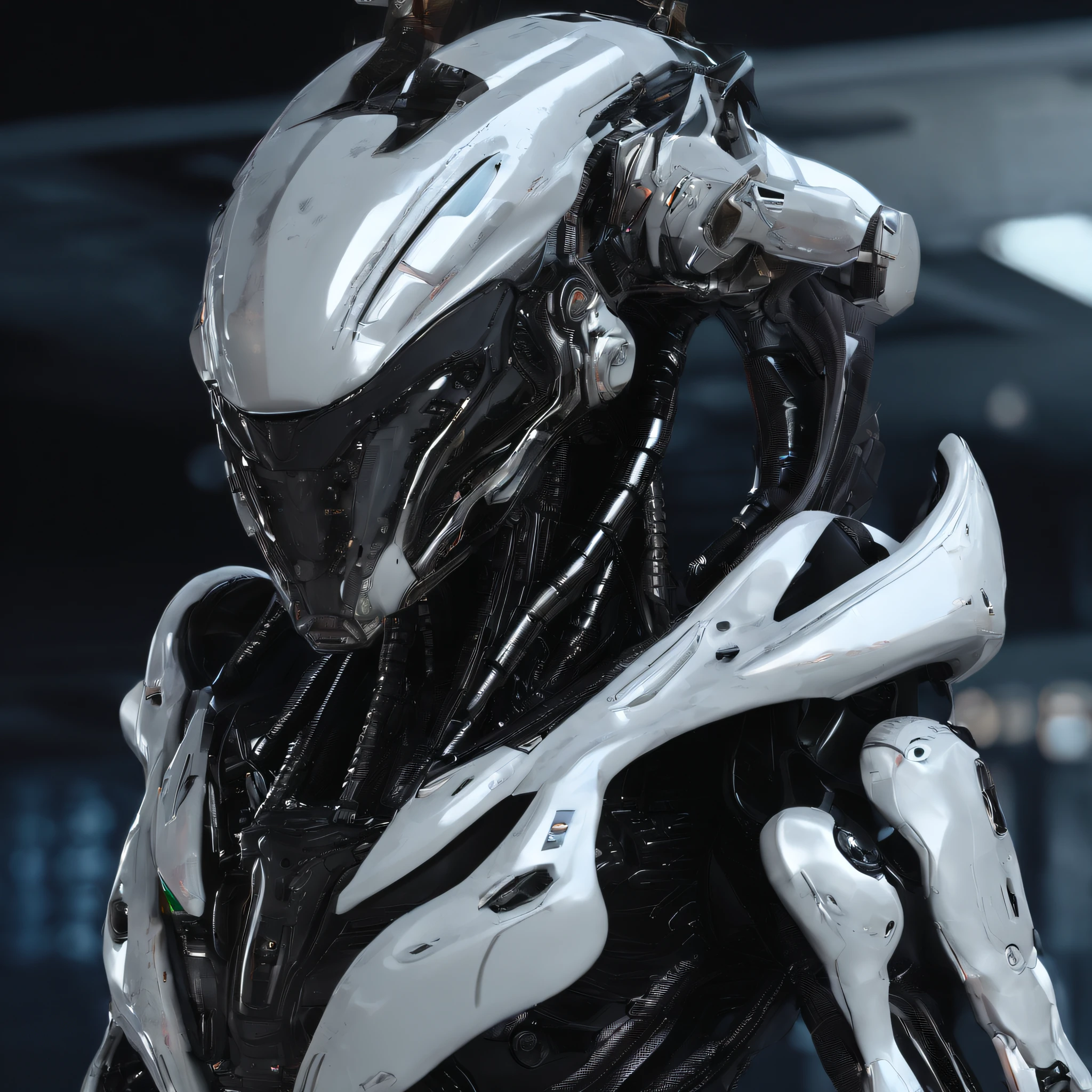 An alien，full bodyesbian，Humanoid，mechs，(Wearing a black zirconia ceramic surface mech:1.5)，(((Hard surface properties)))，(((streamlined line design)))，It has refined features in a sci-fi environment,with light glowing, Sparks and lights, best qualtiy，tmasterpiece，Photorealsitic, Highly detailed, iintricate，unreal 5 render，