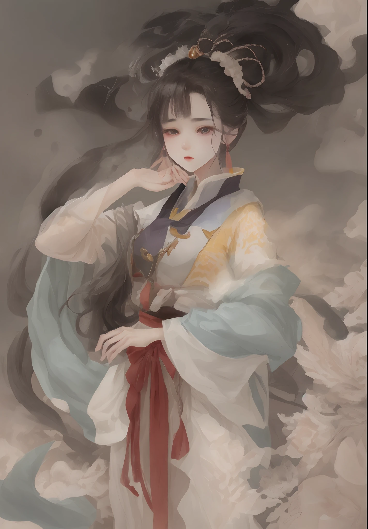 ((4k,masterpiece,best quality)), shuimobysim, Traditional chinese painting, lotuses, Hanfu, maxiskit, Feminine 1girl, solo, blue long hair, ssmile, standing on your feet, Feet in the water, The barefoot,Far fragrant near