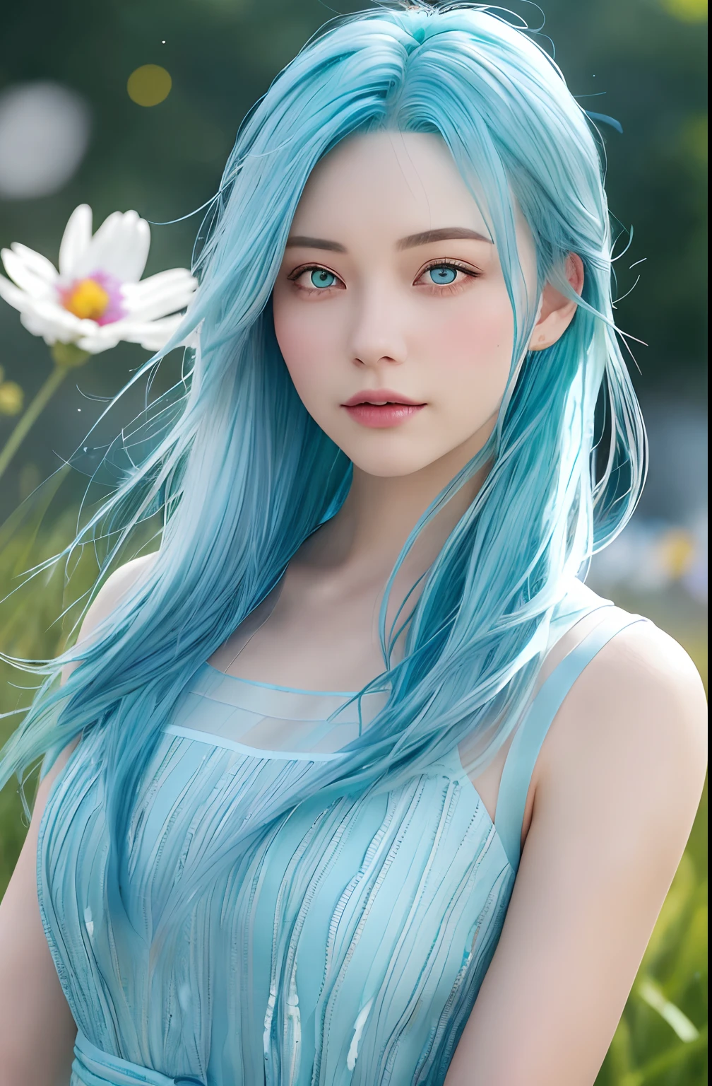 A woman with a modern style, (((Aqua blue hair color))),(Colorful),(finely detailed beautiful eyes and detailed face, Long aqua blue hair), flowers in head,Cinematic lighting,Extremely detailed Cg Unity 8K wallpaper,((flying petal)),(Flowers meadow), Night,...