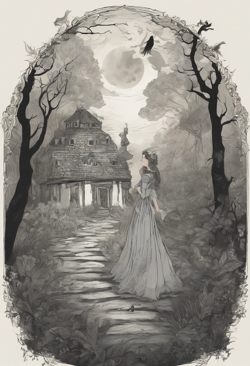 gloomy atmosphere, deeply forested, "Hut on chicken legs" From ancient Russian fairy tales, it stands on a dais and is illuminated by moonlight. An adult girl with long black hair goes to the hut. In the frame is a girl from the back. A gloomy atmosphere in the style of a modern illustration for the cover of a book.