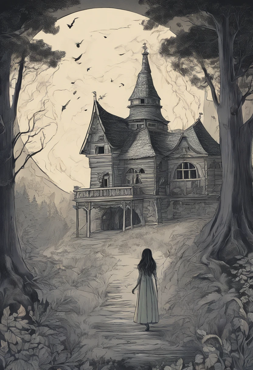 gloomy atmosphere, deeply forested, "Hut on chicken legs" From ancient Russian fairy tales, it stands on a dais and is illuminated by moonlight. An adult girl with long black hair goes to the hut. In the frame is a girl from the back. A gloomy atmosphere in the style of a modern illustration for the cover of a book.