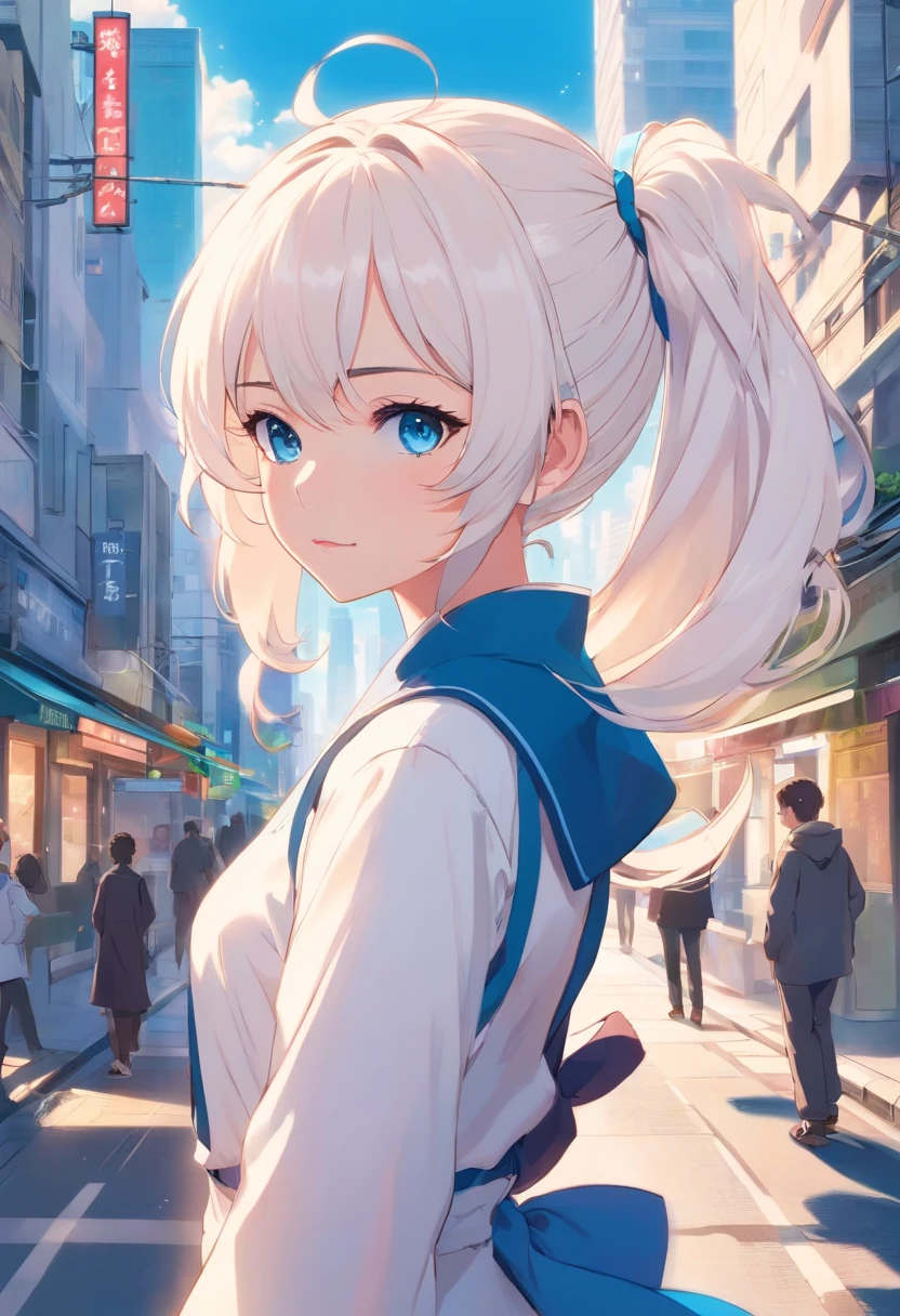 White color hair，Double ponytail curls，blue color eyes，White Lolita，Beth，A bustling city street