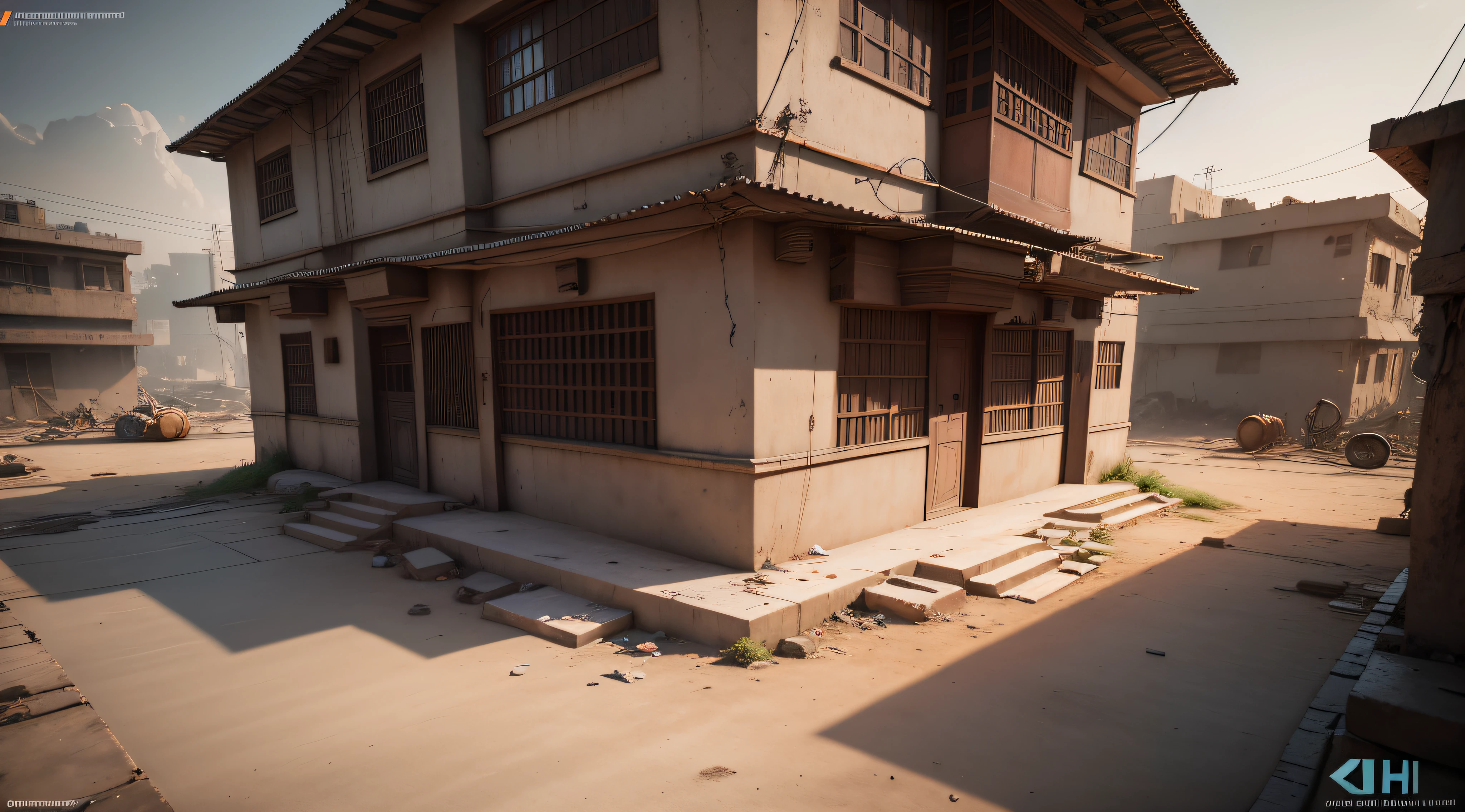 3D model HD rendering, , right Angle isometric view, 45 degree angle, (greybackground), High detail, film, globalillumination, reality lighting, Unreal Engine rendering, Substance 3D, Octane rendering, (hdr:1.3), (Indian slum architecture), Crash, Combat damage style, decrepit，photorealestic，Main house building，Close-up，See the whole