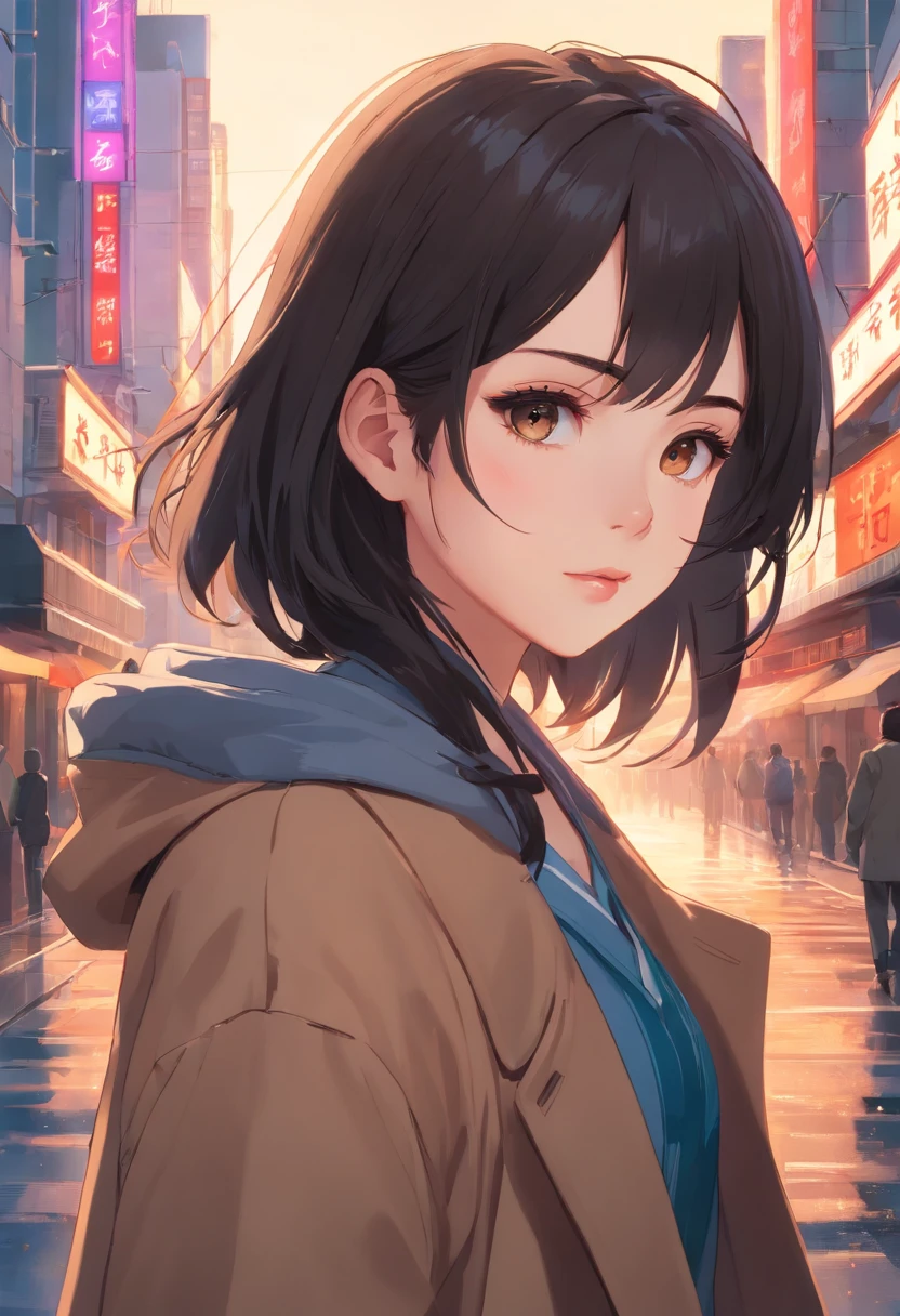 Beautiful girl with realistic black eyes, Pale skin, Medium-long black hair, Perfect face, Perfect eyes, wearing coat, Highly detailed, comprehensive cinematic, Digital painting, 8K, Cinematic lighting, Best quality, A high resolution, detailed work, Post-processing, Perfect results, Ultra photo realsisim