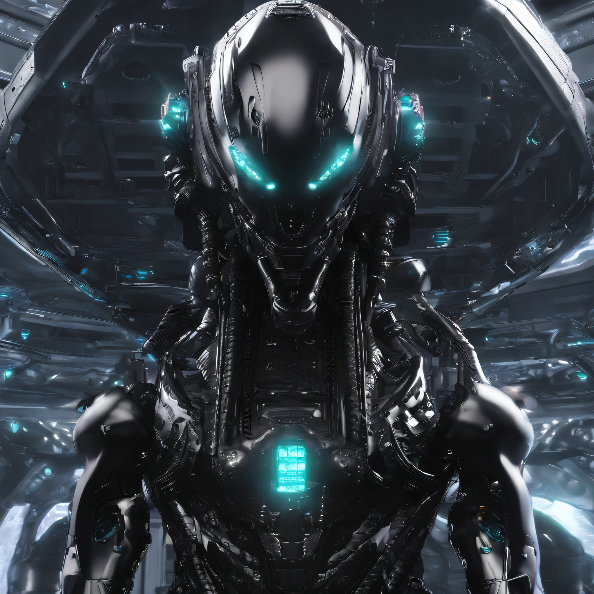 An alien,full bodyesbian,Humanoid,mechs,(Wearing a black zirconia ceramic surface mech:1.5),(((Hard surface properties))),(((streamlined line design))),It has refined features in a sci-fi environment,with light glowing, Sparks and lights, best qualtiy,tmasterpiece,Photorealsitic, Highly detailed, iintricate,unreal 5 render,