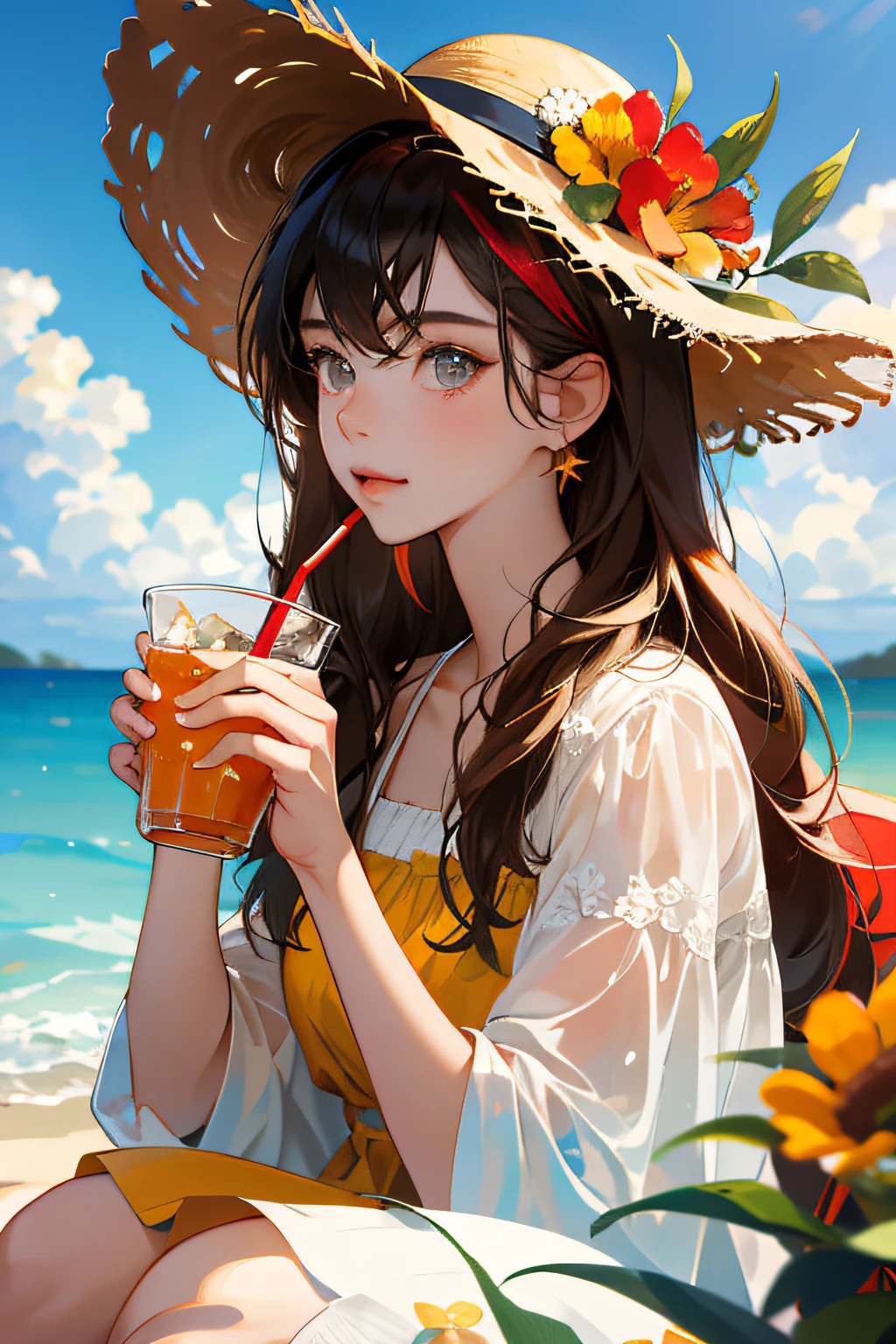 A woman sitting on a beach with a straw hat and a drink - SeaArt AI