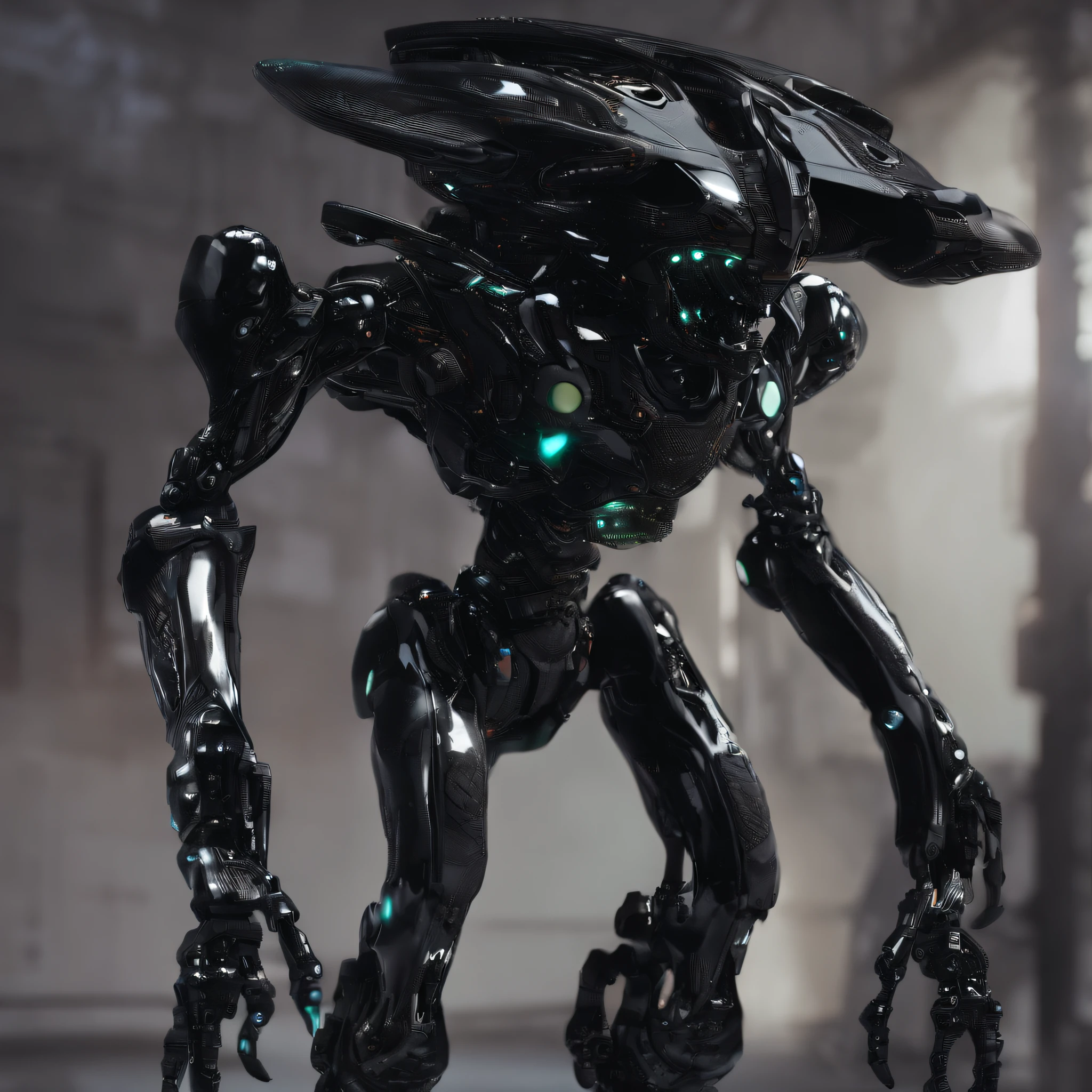 An alien，full bodyesbian，Humanoid，mechs，(Wearing a black zirconia ceramic surface mech:1.5)，(((Hard surface properties)))，(((streamlined line design)))，It has refined features in a sci-fi environment,with light glowing, Sparks and lights, best qualtiy，tmasterpiece，Photorealsitic, Highly detailed, iintricate，unreal 5 render，