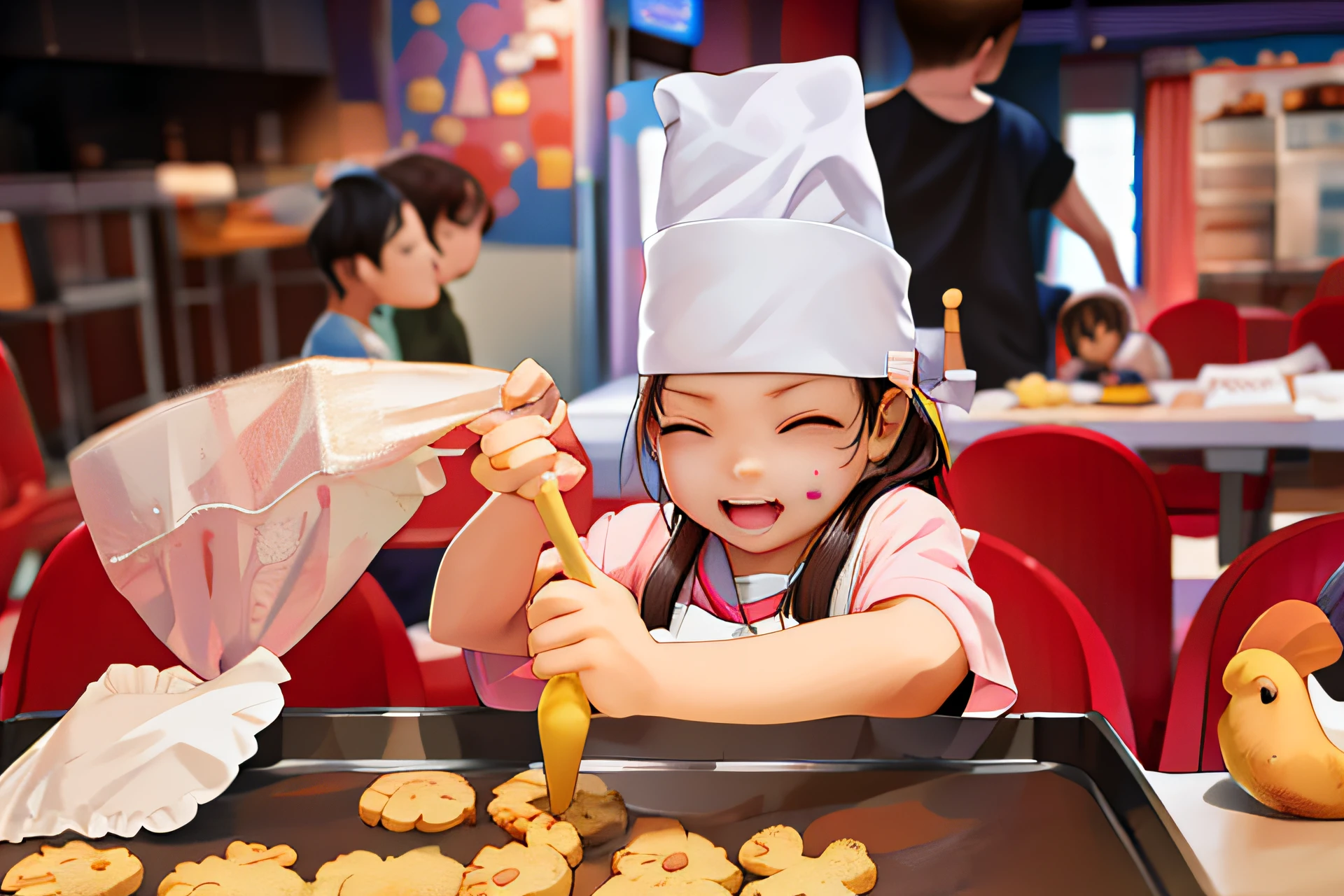 There was a little girl making some food in the kitchen, Cookies, Children dressed up as pastry chefs,