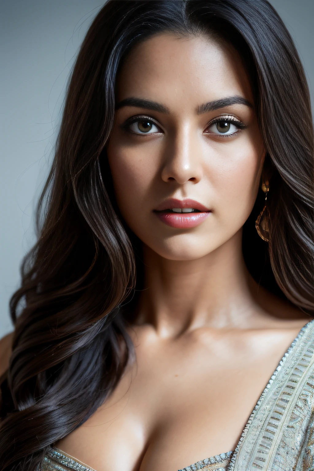topless Portrait of A confident-looking indian woman with long flowing hair, hazel eyes, with flowing capes, perfect composition, hyperrealistic, super detailed, 8k, high quality, trending art, trending on artstation, sharp focus, topless studio photo, intricate details, highly detailed, art by greg rutkowski