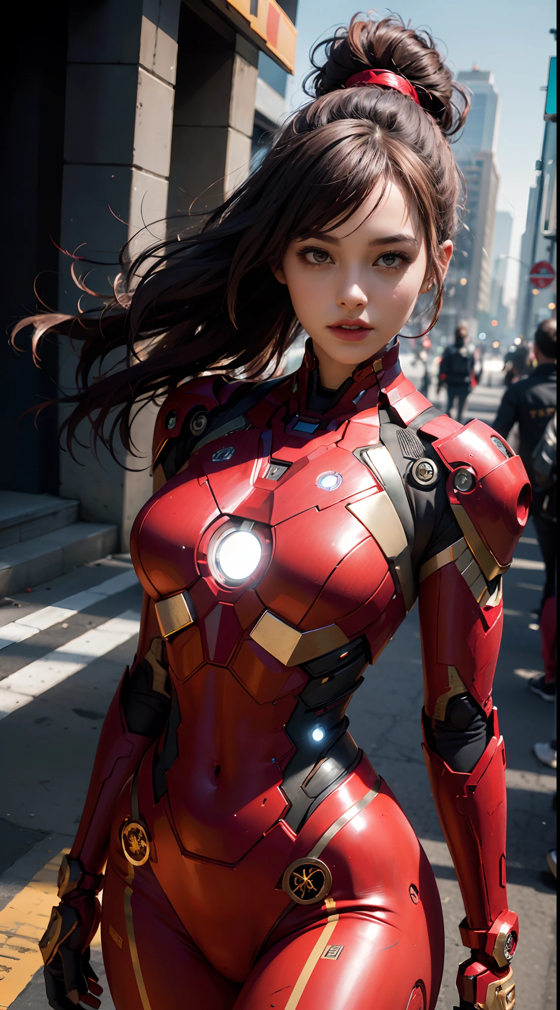 (1girl:1.3), solo, __body-parts__, official art, unified 8k wallpaper, super detailed, beautiful and aesthetic, beautiful, masterpiece, best quality, raw, masterpiece, super fine photo, best quality, super high resolution, photorealistic , sunlight, full body portrait, amazing beauty, dynamic pose, delicate face, vibrant eyes, she is wearing a full body futuristic Iron Man mech, red and gold color scheme, new york city background, Detailed face, blurred background, , gorgeous, highly detailed skin, realistic skin details, visible pores, sharp focus, volumetric fog, 8k uhd, high quality, film grain, fair skin, slim figure ,big brusts