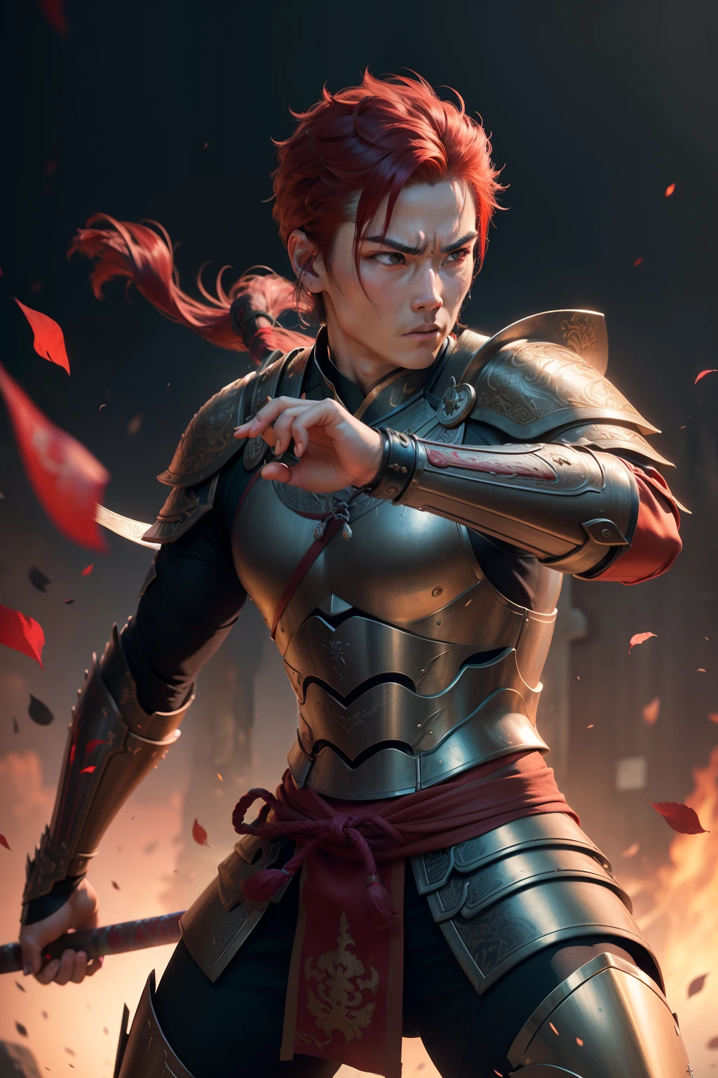 athletic man,chinese heritage,short red hair,dressed in samurai breastplate,wields a katana,longbow on back,blacksmith,(best quality,4k,8k,highres,masterpiece:1.2),ultra-detailed,(realistic,photorealistic,photo-realistic:1.37),portrait,concept artist,traditional chinese colors,studio lighting,sharp focus,vivid colors,metal armor,lush background,detailed engraving on armor,confident expression,radiant reds,warrior,classical pose,stoic demeanor,martial arts stance,minimalist composition,positional lighting,dynamic action,emotionally intense,exquisite craftsmanship,heroic figure,mysterious aura,traditional calligraphy,stern gaze