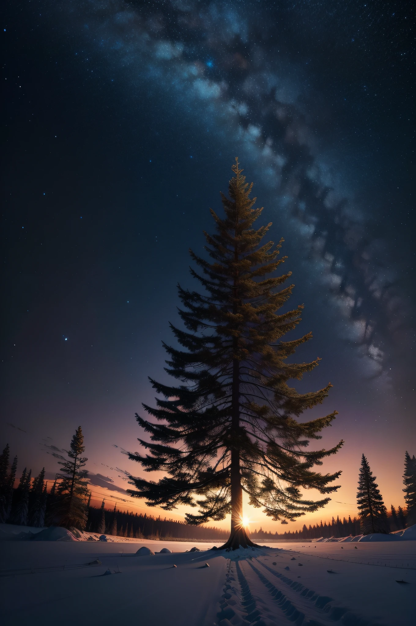 A lonely tree,Starry sky at night,bonfires,ultra-wide-angle,SLR photography photo style,Ultra clear 8k
