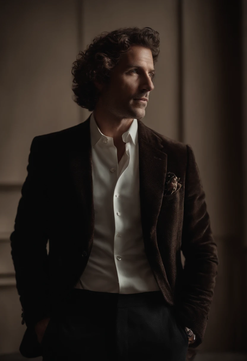 Cinematic photo, Grand angle, of a handsom man, Grand et en forme, 40 ans, shaven , curly short brown hair. Dark brown tight velvet suit, La veste a des motifs de fleurs noires. minimalist background, Composition propre, Strong details, muted colors, Hasselblad --style brut
