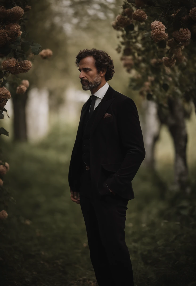 Cinematic photo, Grand angle, of a handsom man, Grand et en forme, 40 ans, shaven , curly short brown hair. Dark brown tight velvet suit, La veste a des motifs de fleurs noires. minimalist background, Composition propre, Strong details, muted colors, Hasselblad --style brut