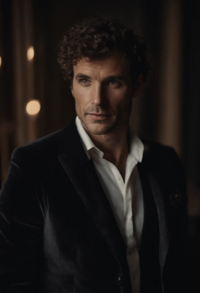 Cinematic photo, Grand angle, of a handsom man, Grand et en forme, 40 ans, shaven , curly short brown hair. Dark brown tight velvet suit, La veste a des motifs de fleurs noires. minimalist background, Composition propre, Strong details, muted colors, Hasselblad --style brut