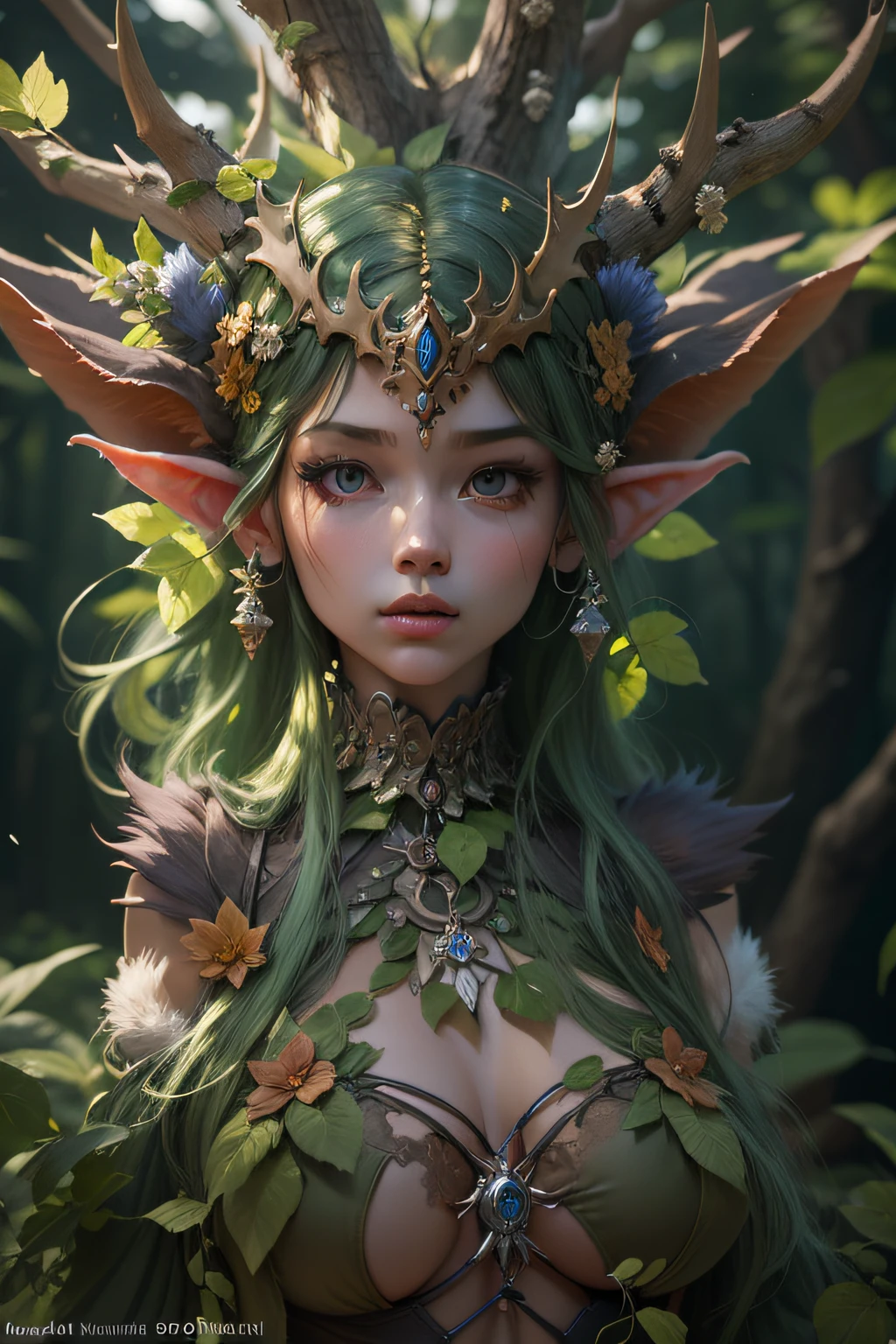 masterpiece, top-quality, 1 dryad、Slim body、small tits、exceptionally detailed anatomy, Leaf clothes、Leaves of the head,,,,,,、lovely, emotive, Charming, Bewitching、Giant trees、Branch corridor、World Tree、Fantastical、Slim body、small tits、(((detailed and beautiful faces)))、beautidful eyes、17 age、Tree Spirit、In the deep forest、Nymphs、myth 、PsyAI、Dynamic angles, inspired by senior character artist, @ zbrush, painted in zbrush, girl design lush horns, by senior environment artist, 8k full body rendering, highly detailed face
