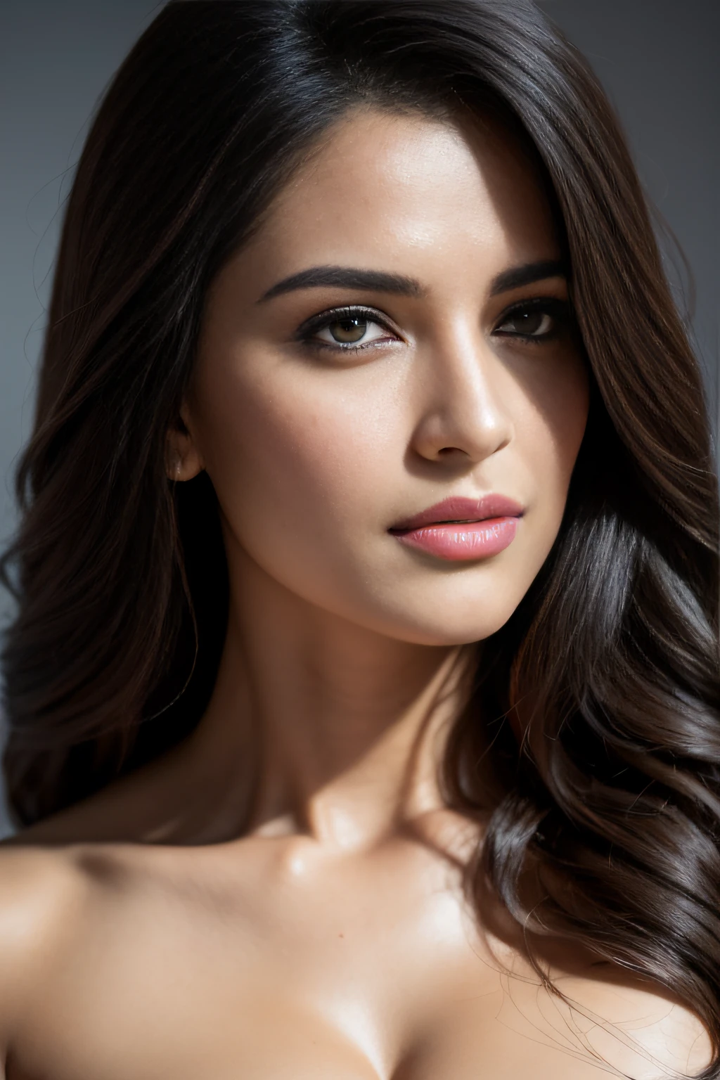 topless Portrait of A confident-looking indian woman with long flowing hair, hazel eyes, with flowing capes, perfect composition, hyperrealistic, super detailed, 8k, high quality, trending art, trending on artstation, sharp focus, topless studio photo, intricate details, highly detailed, art by greg rutkowski