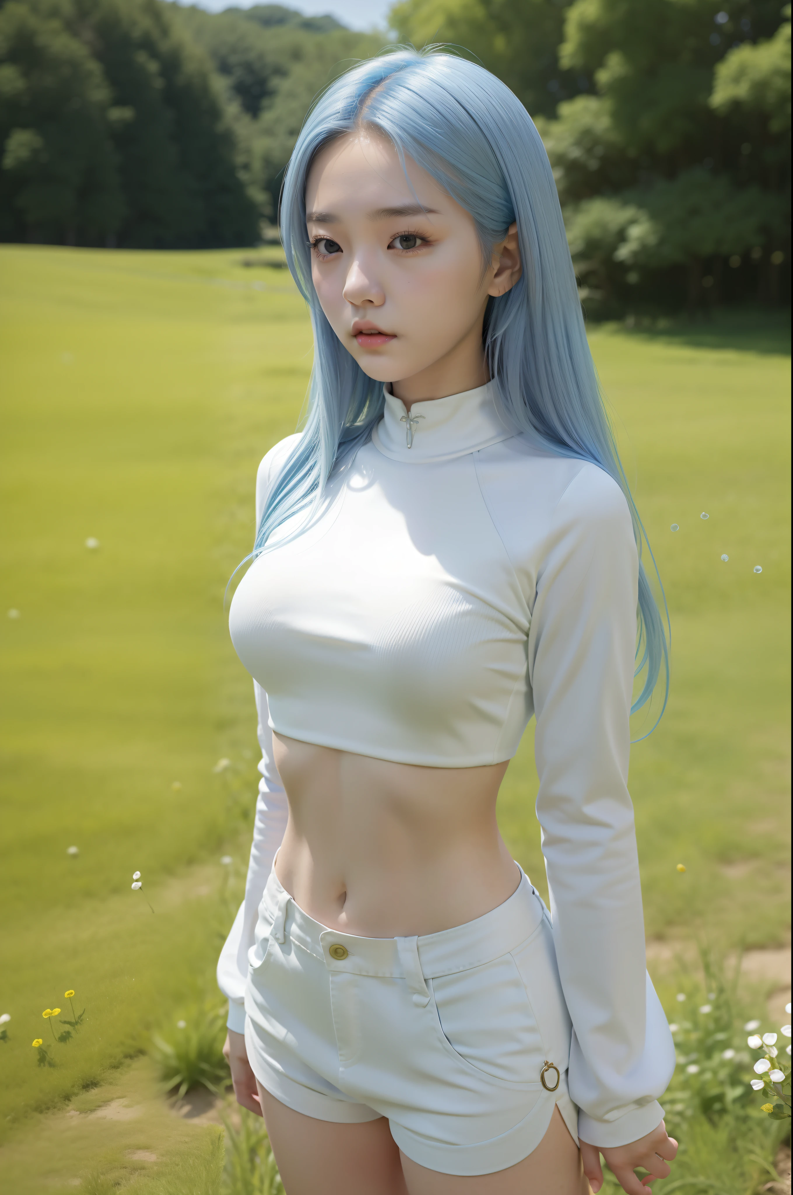 full body, A korean young girl in a fantasy world, 15yo, 15 years old korean young girl is in a field, fantasy field, small breast, petite figure, long light blue hair, tight white armor that expose midriff, midriff exposed, white shorts, small tits, ((thin-waist)), a small face