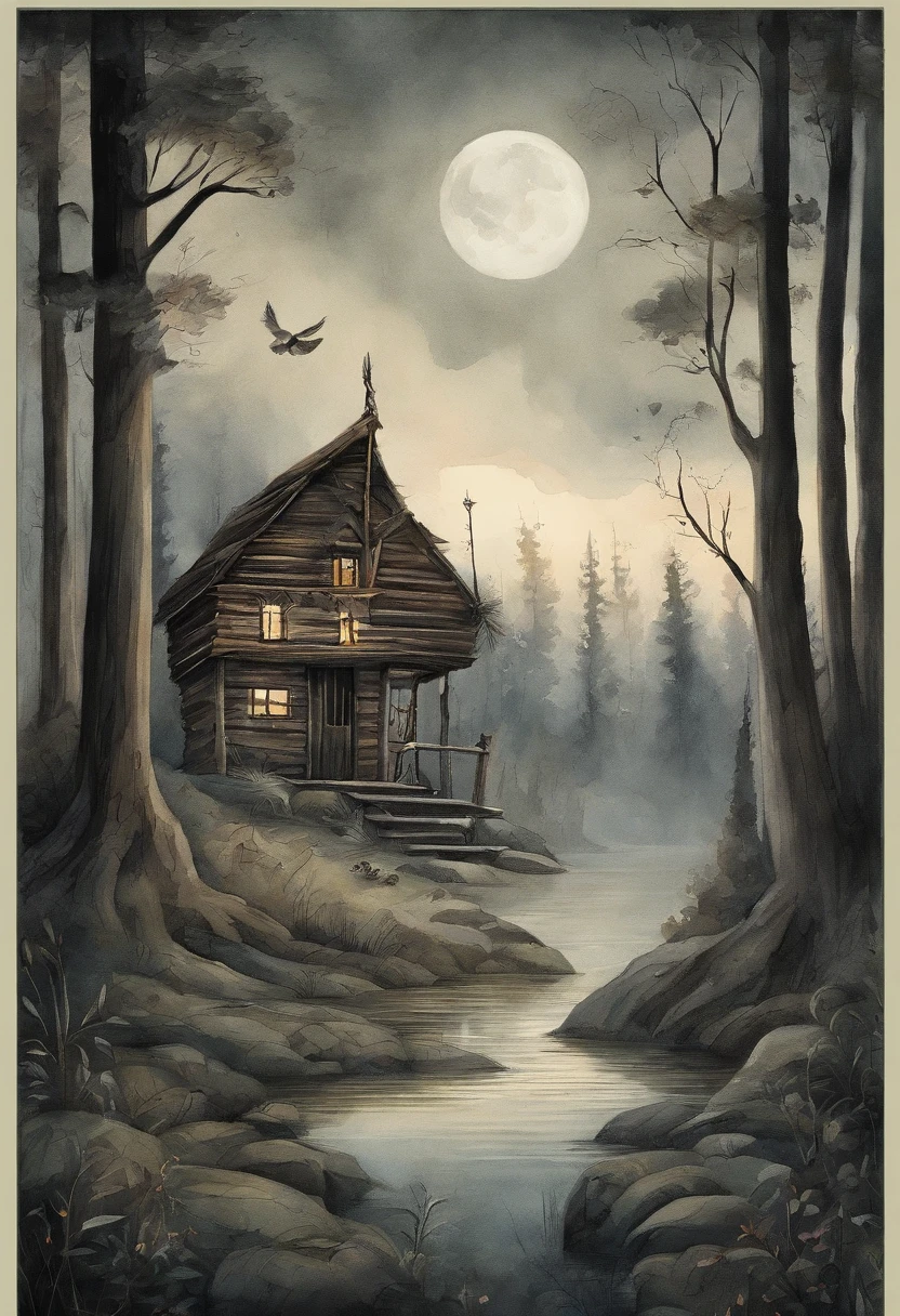 gloomy atmosphere, deeply forested, "Hut on chicken legs", literally, The old hut stands on two chicken legs, An image from ancient Russian fairy tales stands on a dais and is illuminated by moonlight. An adult girl with long black hair goes to the hut. In the frame is a girl from the back. A gloomy atmosphere in the style of a modern illustration for the cover of a book.