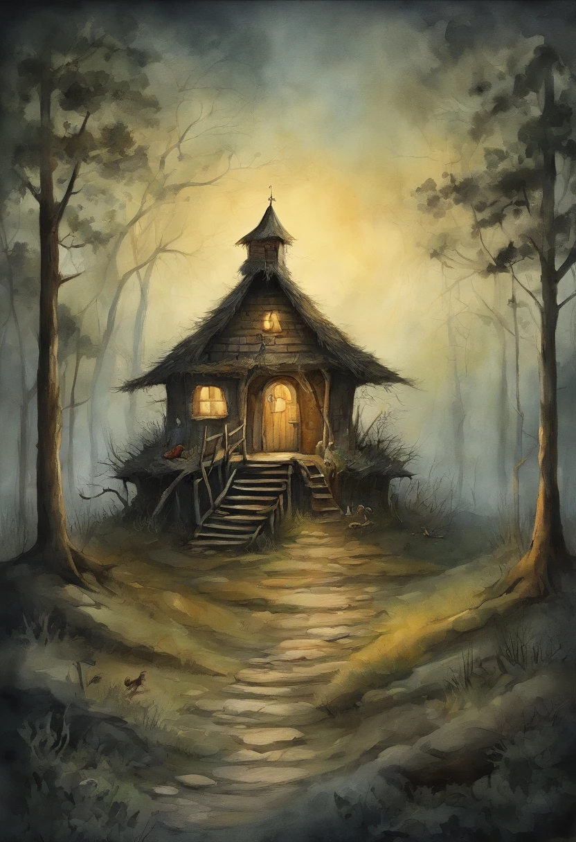 gloomy atmosphere, deeply forested, "Hut on chicken legs", literally, The old hut stands on two chicken legs, An image from ancient Russian fairy tales stands on a dais and is illuminated by moonlight. An adult girl with long black hair goes to the hut. In the frame is a girl from the back. A gloomy atmosphere in the style of a modern illustration for the cover of a book.