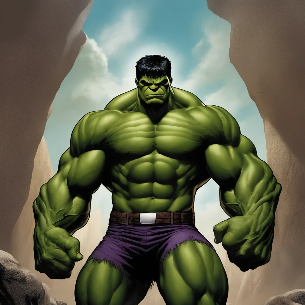 "Create an image of the Hulk standing, with two arms and two legs, desenhado no estilo de Sal Buscema, skullcap , hand holding shield .