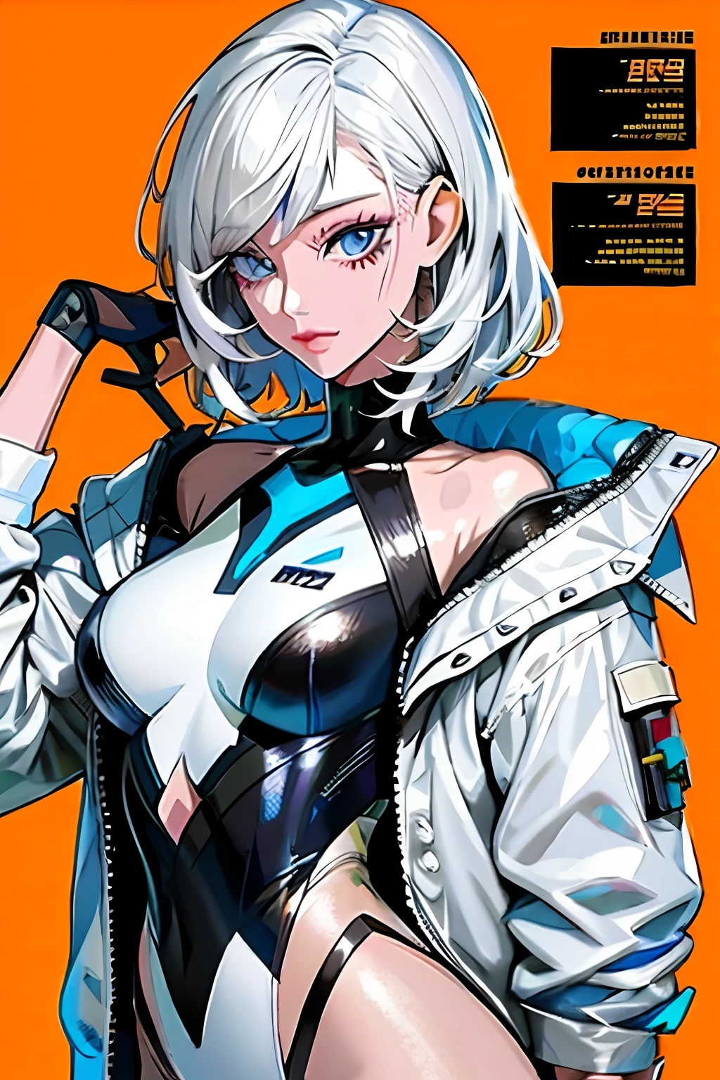 (tmasterpiece,A high resolution,best qualityer),Ray traching,cyber punk perssonage,simplebackground,(1girll,Young),Short and medium white hair,(beautiful detailed eyes),((Extremely flat-chested)),(Upper body bikini),short skirt,Reveal a little panties,Cortical leg ring