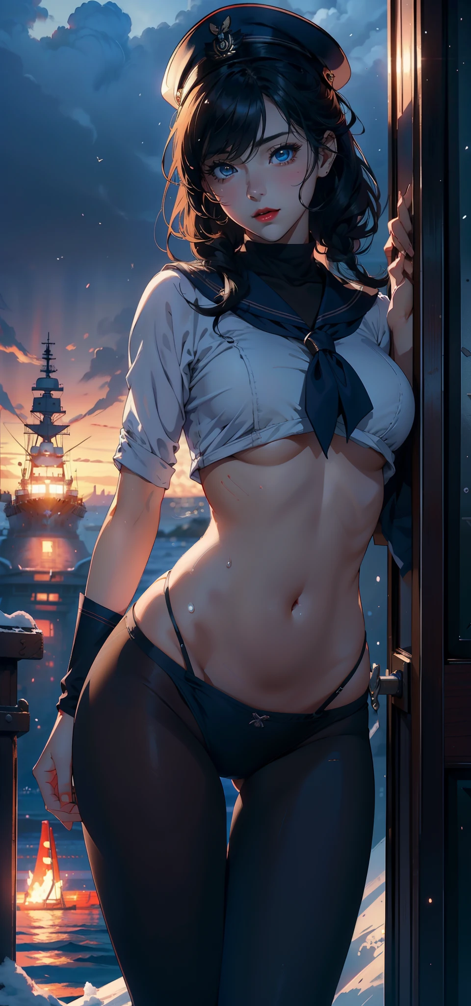 1female，23years old， 独奏，（Background with：the sea，battleships，warships，at winter season，Blizzarding，Ship formations） She has very short black hair，bobo head，Stand on a warship，，seen from the front， hair straight， mostly cloudy sky，（（（tmasterpiece），（Very detailed CG unity 8K wallpaper），best qualtiy，cinmatic lighting，detailed back ground，beatiful detailed eyes，Bright pupils，Blue eyes，（Very fine and beautiful），（Beautiful and detailed eye description），ultra - detailed，tmasterpiece，）），facing at camera，A high resolution，ultra - detailed），Snow-white skin，Redlip，revealing ， ，  Bulge，legs are open，Raised ，Camel toes，Flushed complexion，Desire for dissatisfaction，frontage，Soviet Navy，Sailor's cap（Wearing：Dark blue sailor uniform，Black pantyhose， ）