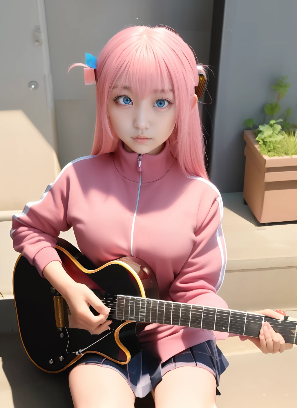 Holding a guitar、Sit up、A MILF、30-years old、Lateral face,1girl in,gotou hitori,((cube hair ornament)),Solo,Pink hair,Blue eyes,plein air,On the stairs,Guitar,masutepiece, medium breasts⁩,(pink track jacket:1.1025), Black pleated skirt,Photorealsitic, hight resolution, 1 rapariga, Korea person, Heterochromia eyes, small moles under eyes,