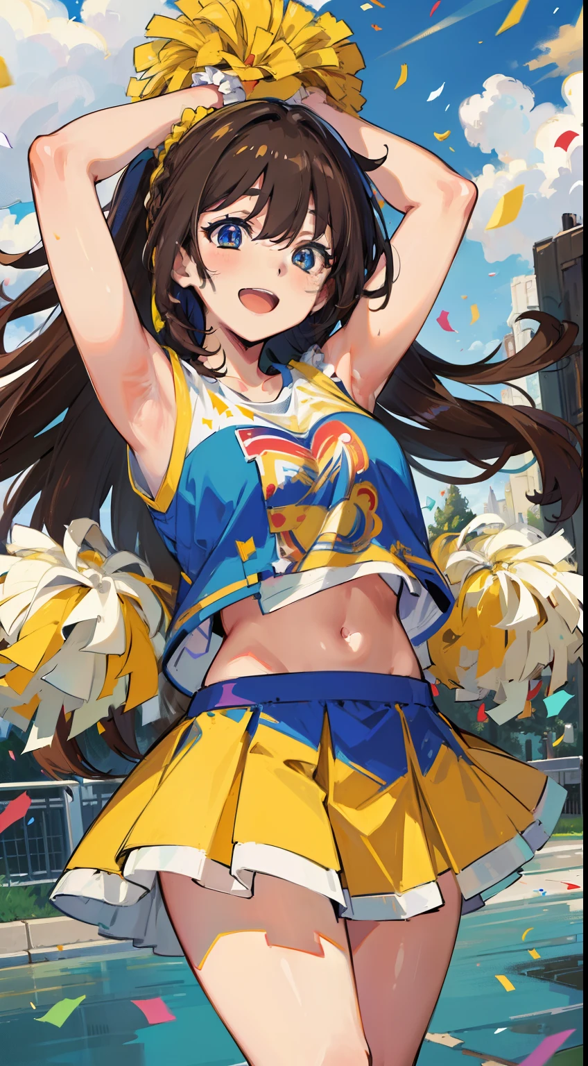 (Masterpiece:1.5), illustration, 4K, 8K, (High quality:1.1), Highly detailed, Detailed face, hdr, Vivid colors, Natural lighting, pretty eyes, Detailed eyes, Colorful eyes, Beautiful face, 1girll, Long hair, Messy hair, Brown hair, Double up braid, scrunchie, hair adornments, cheer leader, Sleeveless, T-shirt, pompons, cheer, Stand by the main road, Arms spread wide, ((Confetti)), Smile, Open mouth, establishing shot