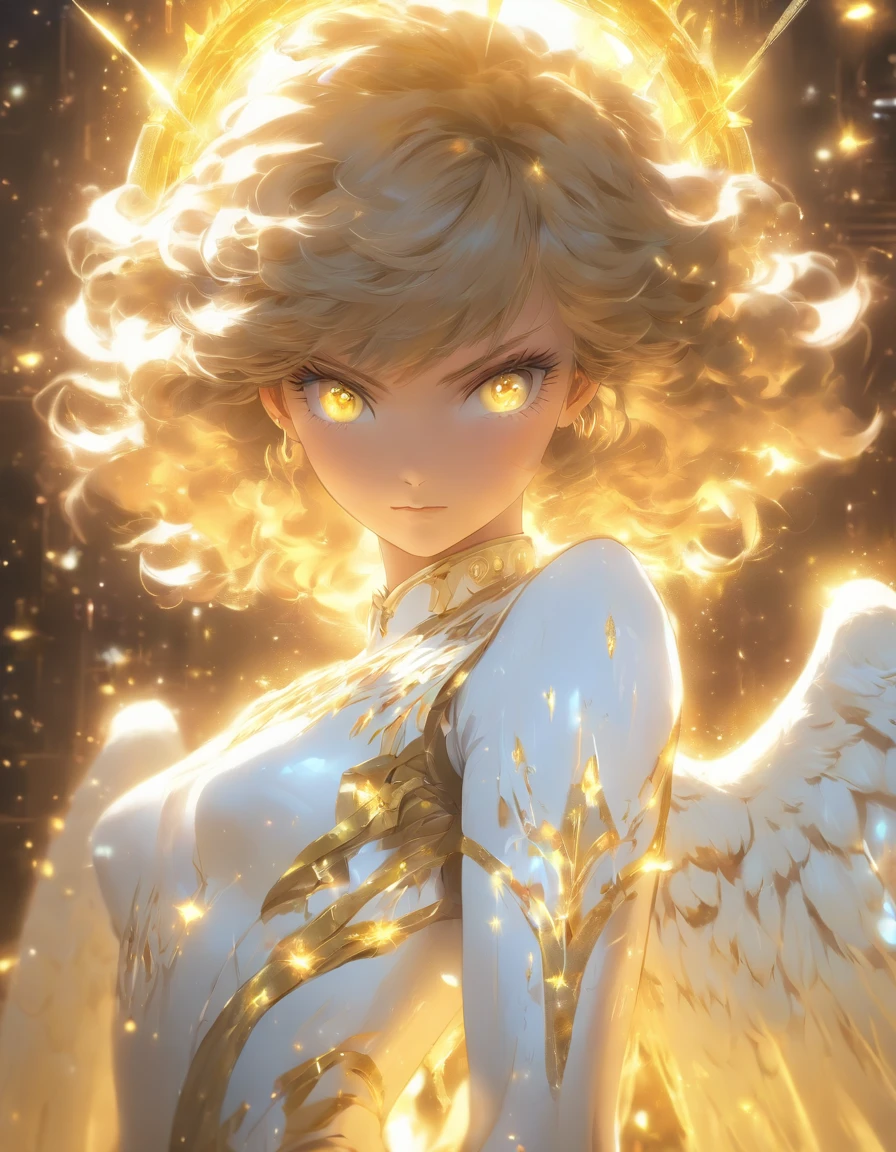 masterpiece, best quality, absurdres, 1girl, solo, yellow eyes, looking at viewer, noble expression, vintage attire, angel attire, white attire, halo, full body, sparkles, glowing, side lighting, volumetric lighting, portrait, blurry background, isolated, Illuminated