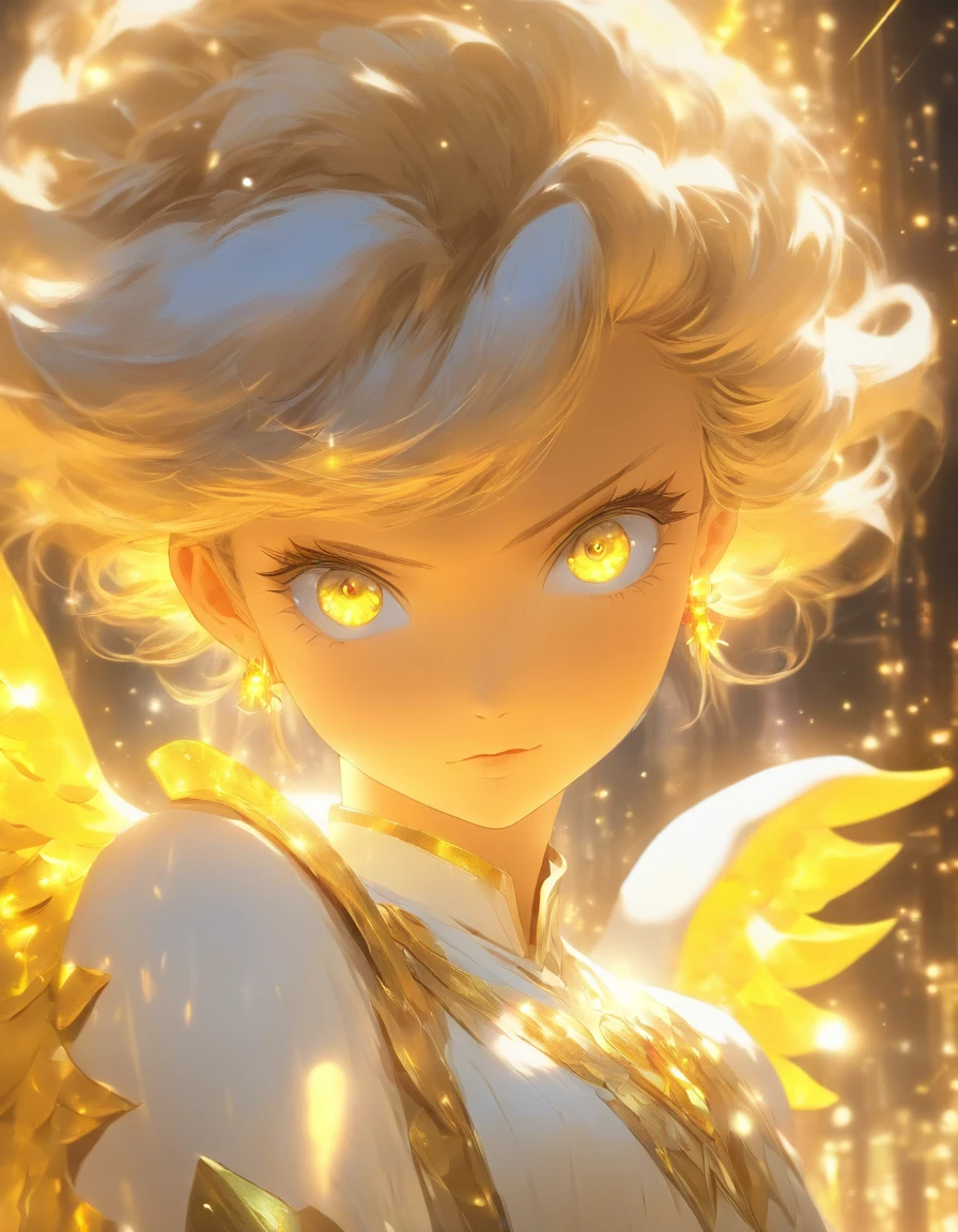 masterpiece, best quality, absurdres, 1girl, solo, yellow eyes, looking at viewer, noble expression, vintage attire, angel attire, white attire, halo, full body, sparkles, glowing, side lighting, volumetric lighting, portrait, blurry background, isolated, Illuminated