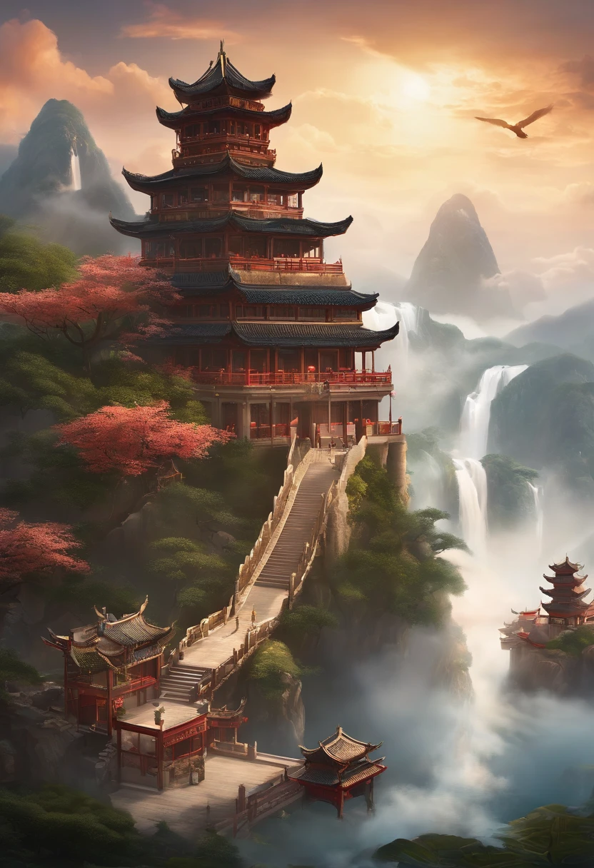 There is a waterfall in the mountains，Birds fly around, floating lands in-clouds, Onmyoji detailed art, background artwork, avatar landscape, arte de fundo, onmyoji, Cloud Palace, game background, floating city on clouds, Floating mountains, Chinese fantasy, Temple background, floating and flying island, Flying Island in the Sky, Island background，author：Albert Bierstadt, art  stations, author：Kim Jang Yeol, author：Gao Yingxun, Cartographic, Top-down view，Beautiful lighting，in wonderland，In the distance are eight Chinese-style buildings，Tall and majestic Chinese architecture，Cloud fog，Penglai Immortal Island