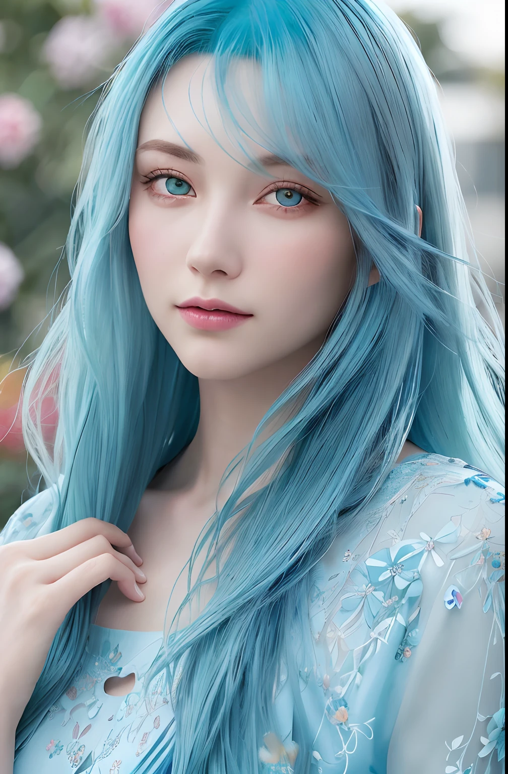 A woman with a modern style, (((Aqua blue hair color))),(Colorful),(finely detailed beautiful eyes and detailed face, European and American beauty,Red long-haired), flowers in head,Cinematic lighting,Extremely detailed Cg Unity 8K wallpaper,((flying petal)),(Flowers meadow), Night,...