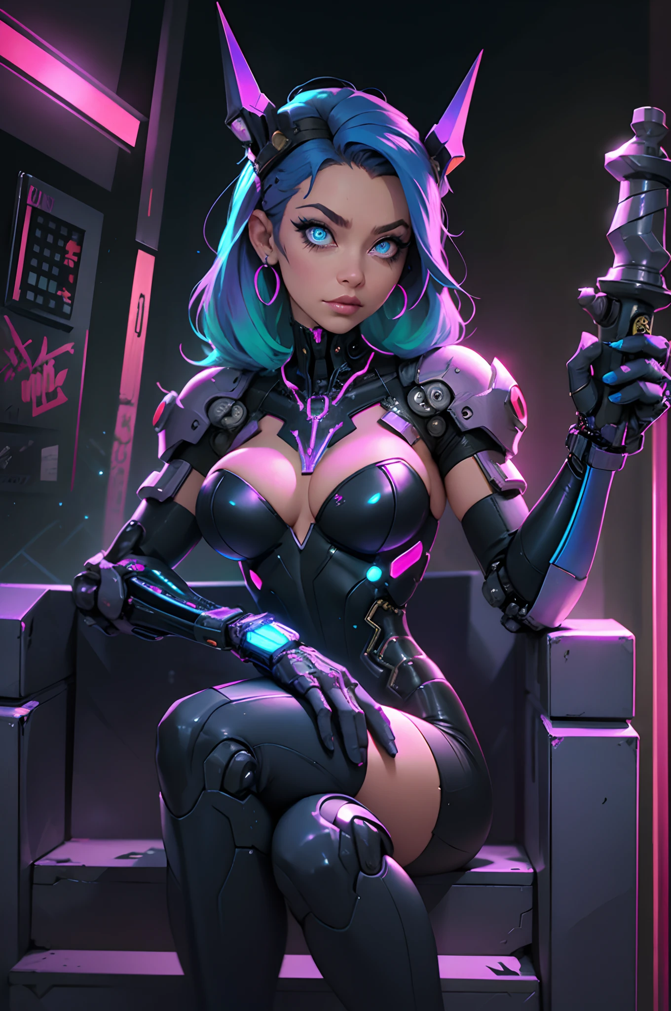 A cyberpunk queen sits on a throne made of neon lights, surrounded by towering skyscrapers and  Her piercing blue eyes are enhanced by cybernetic implants, and her hair is an array of colors that shift and change with the neon lights. She wears a black, form-fitting suit, and holds a glowing scepter in one hand. She has neon boobs