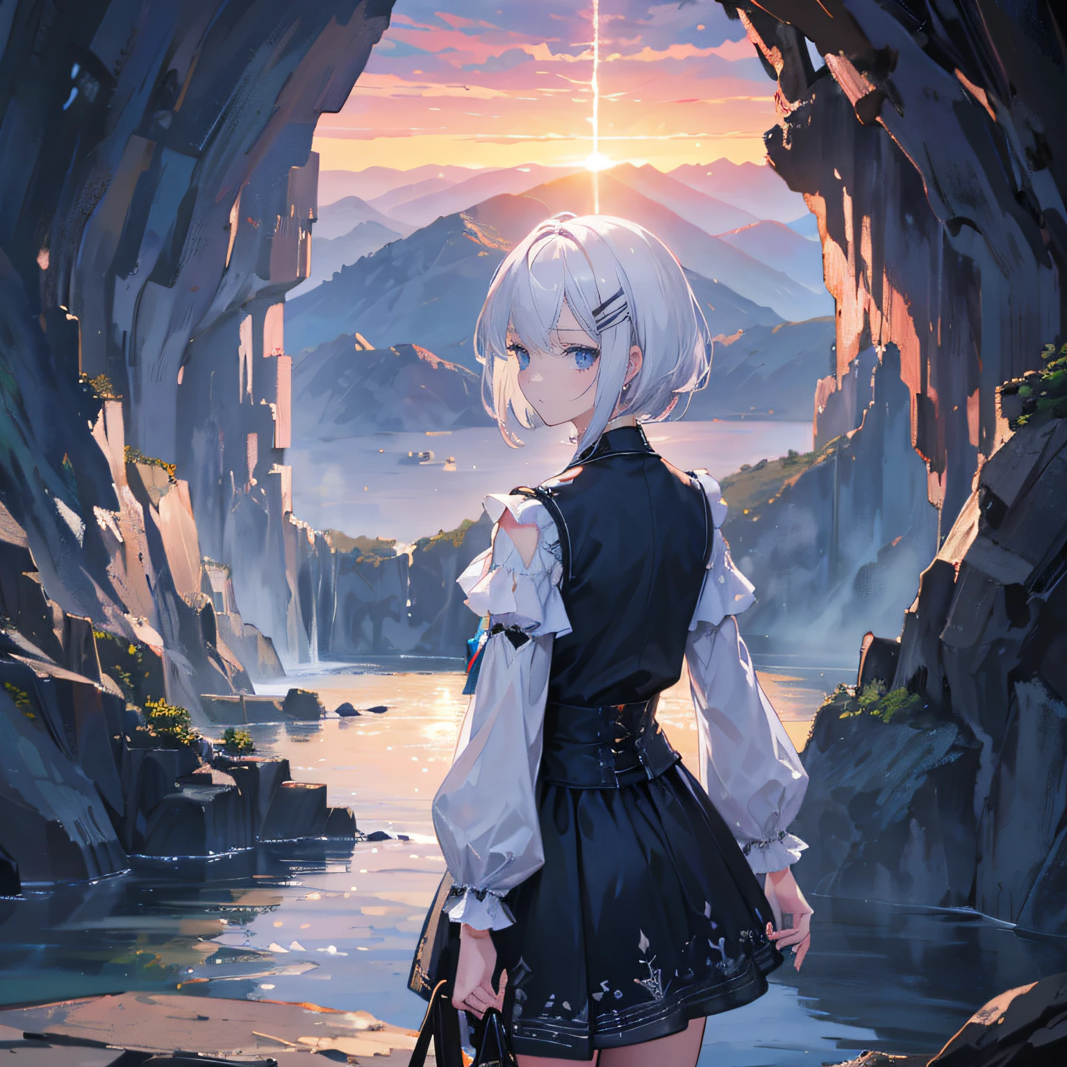 beautiful eyes, (a melancholy expression that stirs affection), dress, floating hair, light particles, glare, vivid, fancy, dreamlike, a dim atmosphere