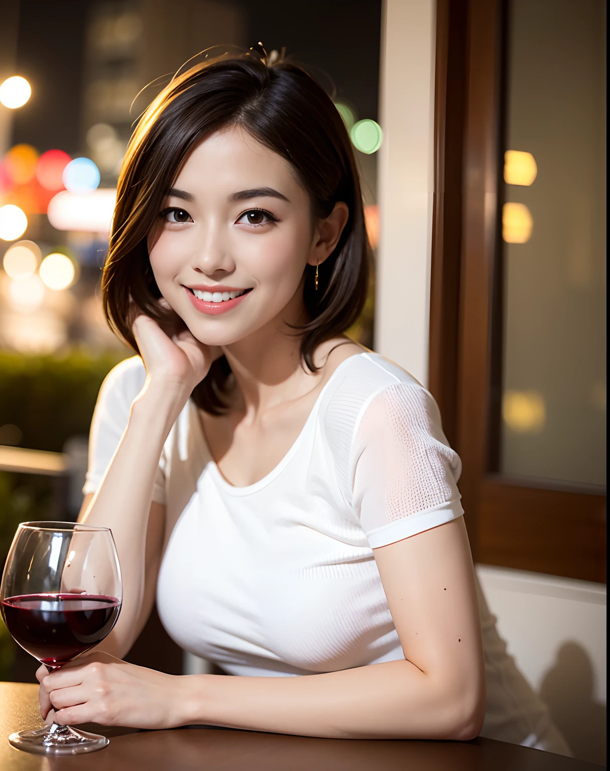 (64K, UHD, top quality, masterpiece: 1.2), (realistic, photorealistic: 1.37), super detailed, pretty woman 1 person, (slim face), (slim body), (brown hair), (short cut), cheeks slightly blushing, (44 years old), 38 years old, solo, beautiful detailed urban night view outside the window, restaurant, wine glasses sit, at night, in a prominent placeNovaFrogStyle, Actress, Model, Waist Up, White Wine, Slim, Wine Glass, Super Clean Night View, Wine Glass Put in the Middle, Happy Smile, (Smile: 1.15), Beautiful Fine Eyes, Upper Body, Bust Japan Up, Night, Short, Short, Actress, Model, Waist Up, White Wine, Slim, Wine Glass, Super Clean Night View, Wine Glass Put in the Middle, Happy Smile,