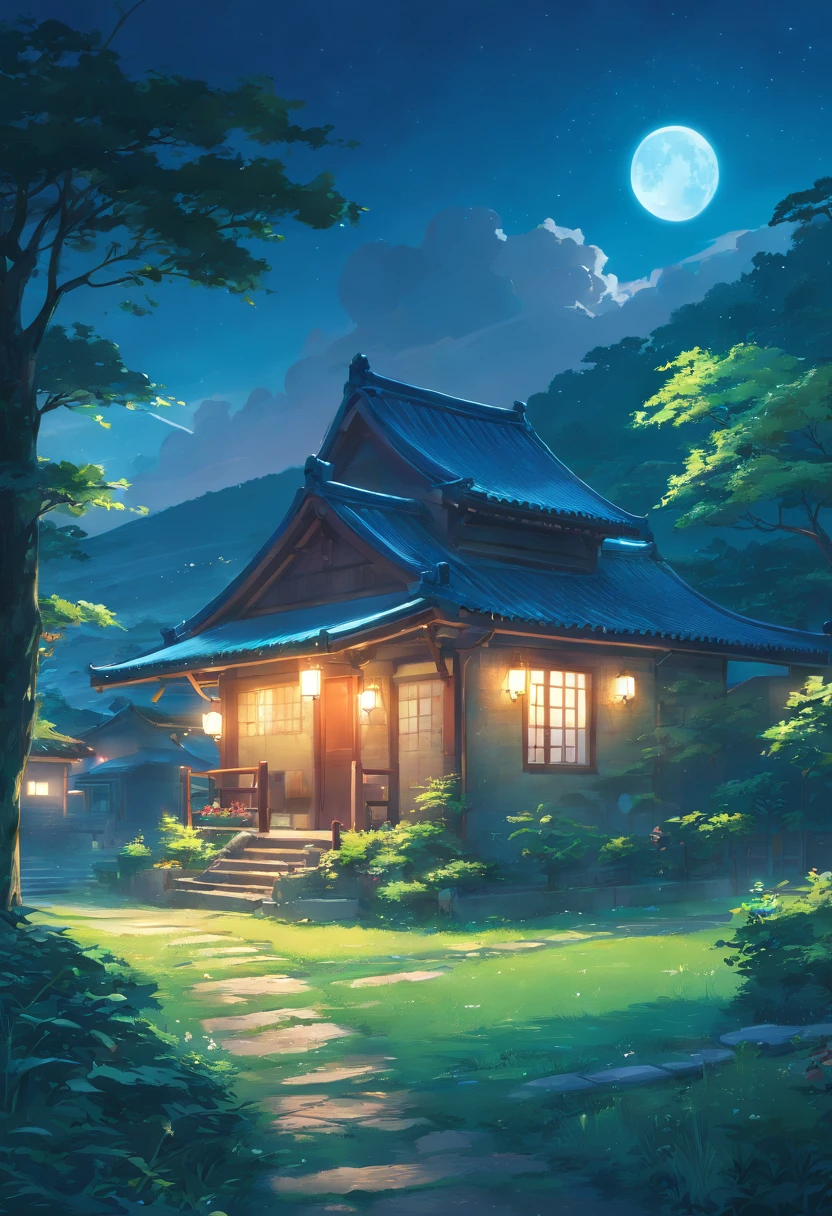 deep in the night,Close-up of a cottage in the Chinese countryside，themoon, ross tran. scenery background, ryan dyar, environment painting, Beautiful oil matte painting, photorealistic landscapes, 4k hd matte digital painting, 8 k resolution digital painting, 8k resolution digital painting, hyperrealistic landscape, inspired by Raphael Lacoste, Illustration matte painting, beautiful digital painting
