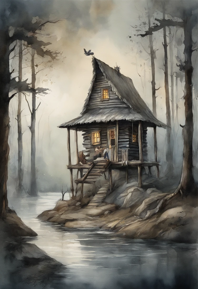 gloomy atmosphere, deeply forested, "Hut on chicken legs", literally, The old hut stands on two tall wooden pillars, An image from ancient Russian fairy tales stands on a dais and is illuminated by moonlight. An adult girl with long black hair goes to the hut. In the frame is a girl from the back. A gloomy atmosphere in the style of a modern illustration for the cover of a book.