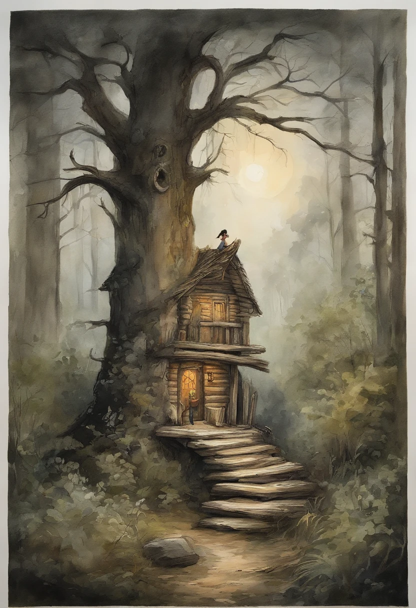 gloomy atmosphere, deeply forested, "Hut on chicken legs", literally, The old hut stands on two tall wooden pillars, An image from ancient Russian fairy tales stands on a dais and is illuminated by moonlight. An adult girl with long black hair goes to the hut. In the frame is a girl from the back. A gloomy atmosphere in the style of a modern illustration for the cover of a book.