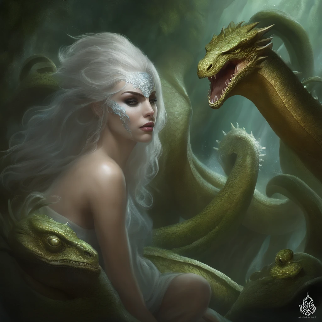 Hidra Blanca de 5 cabezas con rostros humanos palidos sin ojos y bocas grandes rol fantasy dungeon and dragons False Hydra