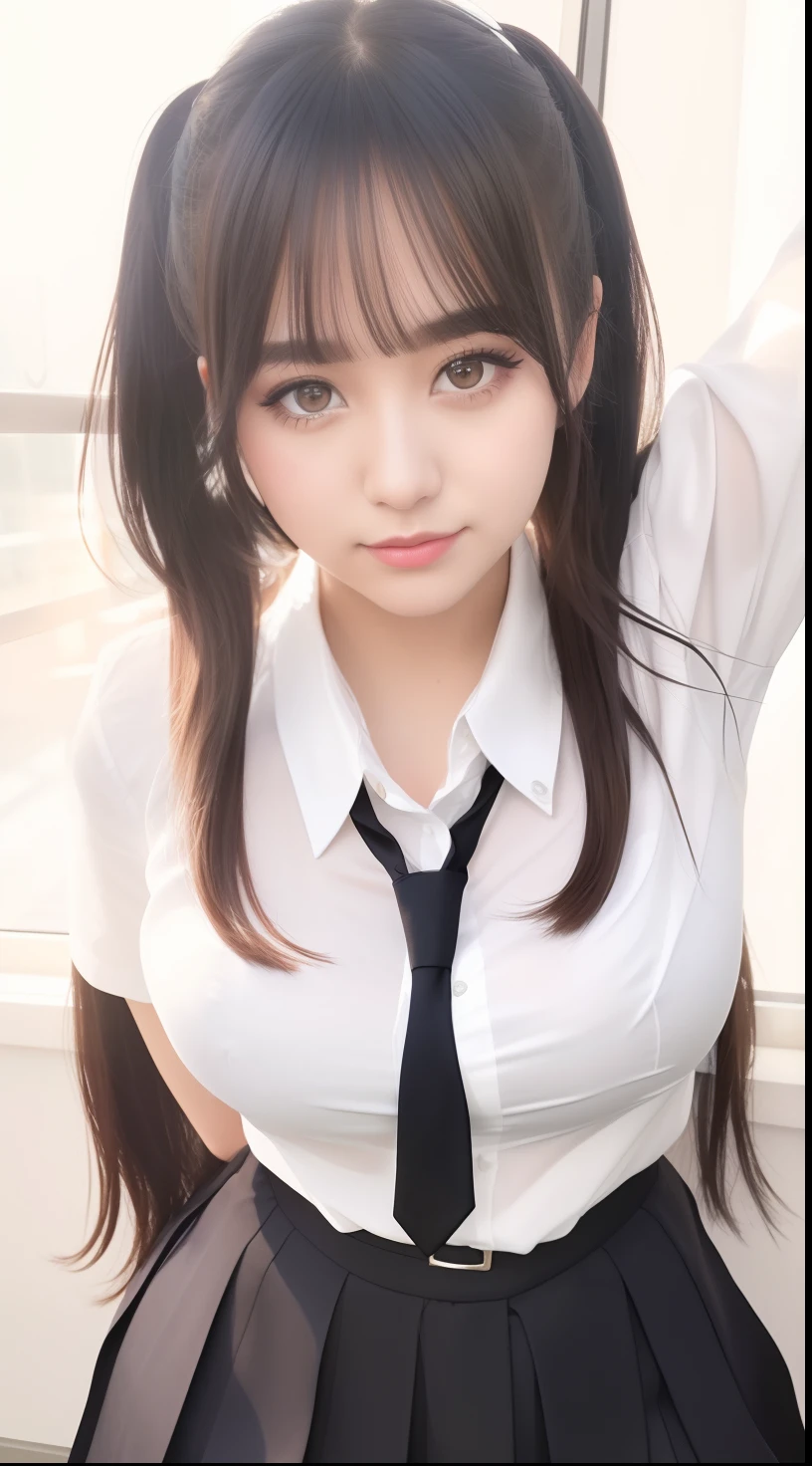 (8k, RAW photos, top quality, masterpiece: 1.2), (realistic, photorealistic: 1.37), (High Quality), (Ultra realistic), (High Details), (Face detail), (Shadow Detail), ((gigantic huge bresat : 1.5)), solo, 1 girl, black hair, long hair, white shirt, skirt, school girl, smile, pink lips, eyeshadow, eyeliner, make-up, girl in a school uniform with a tie and a white shirt