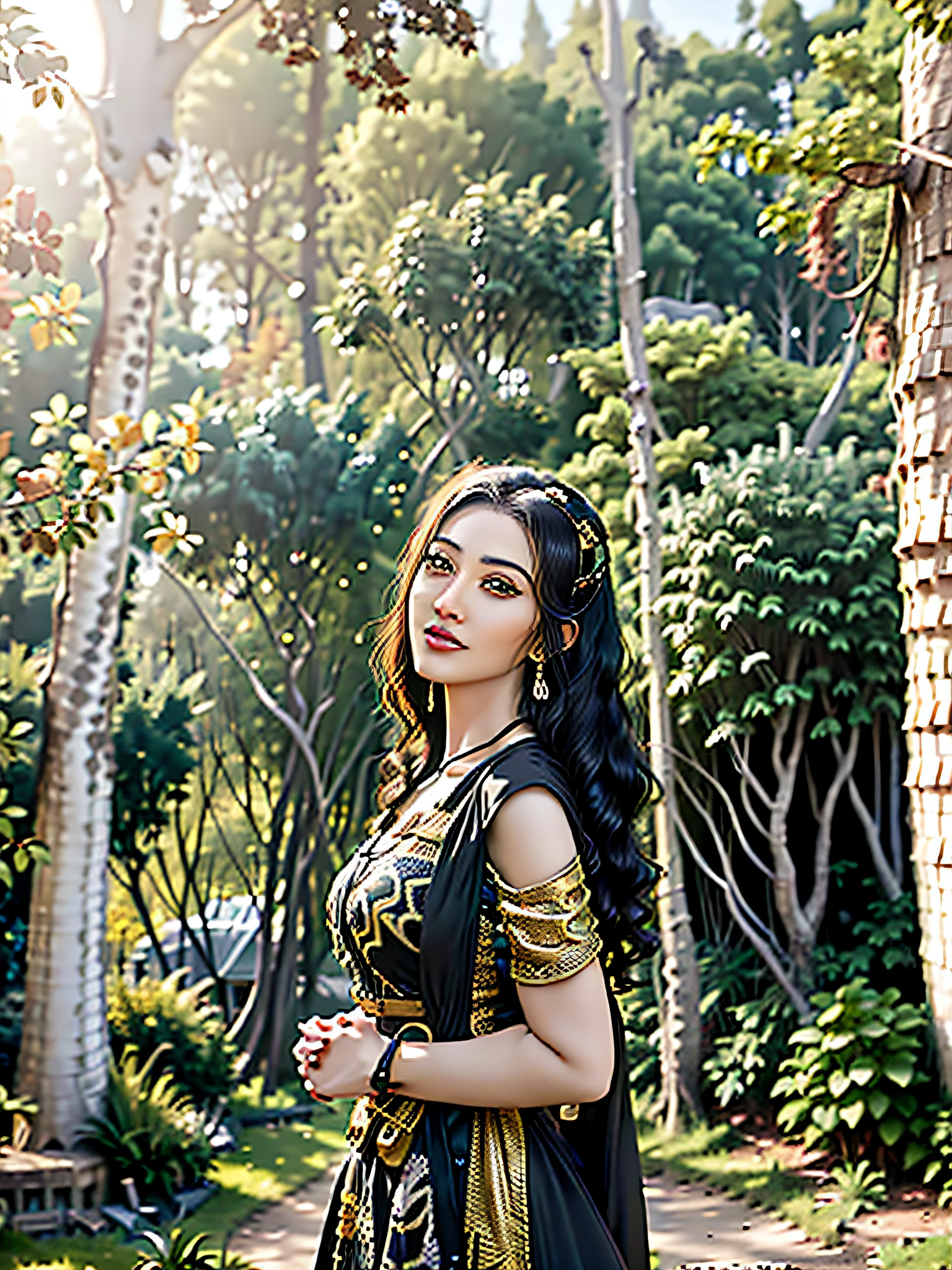 araffe woman in a black and gold dress standing in a park, against the backdrop of trees, in front of a forest background, taken in the early 2020s, captured on canon eos r 6, with a tree in the background, as a medieval fantasy character, portrait image, greek ameera al taweel, photo taken with canon 5d