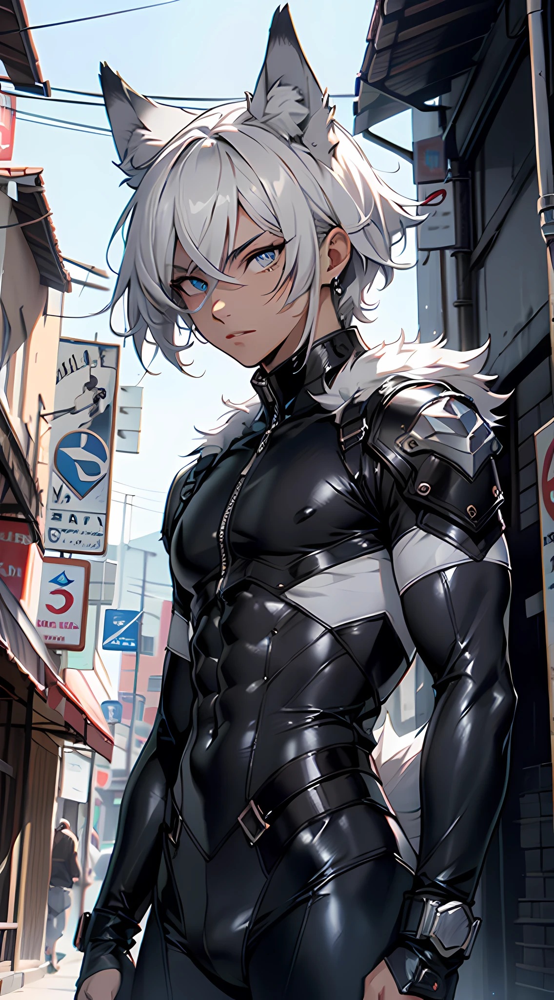 4K, high resolution, Best quality, Masterpiece, perfect colors, perfectly shaded, Perfect lighting, posted on e621, (by Chunie), Furry, anthro, Furry art, ((Portrait)), Male wolf, gray wolf, (two-toned fur), hairy bodies, Blue eyes, (Seductive look:1.2), fit body, perfect male figure, Wear men's shorts,Abs,musculature,Detailed fur, Detailed face, Perfect face, (The stands up), Detailed background, ((Bonifasko lighting)), Wolf tail, (Detailed eyes), perfect pupils