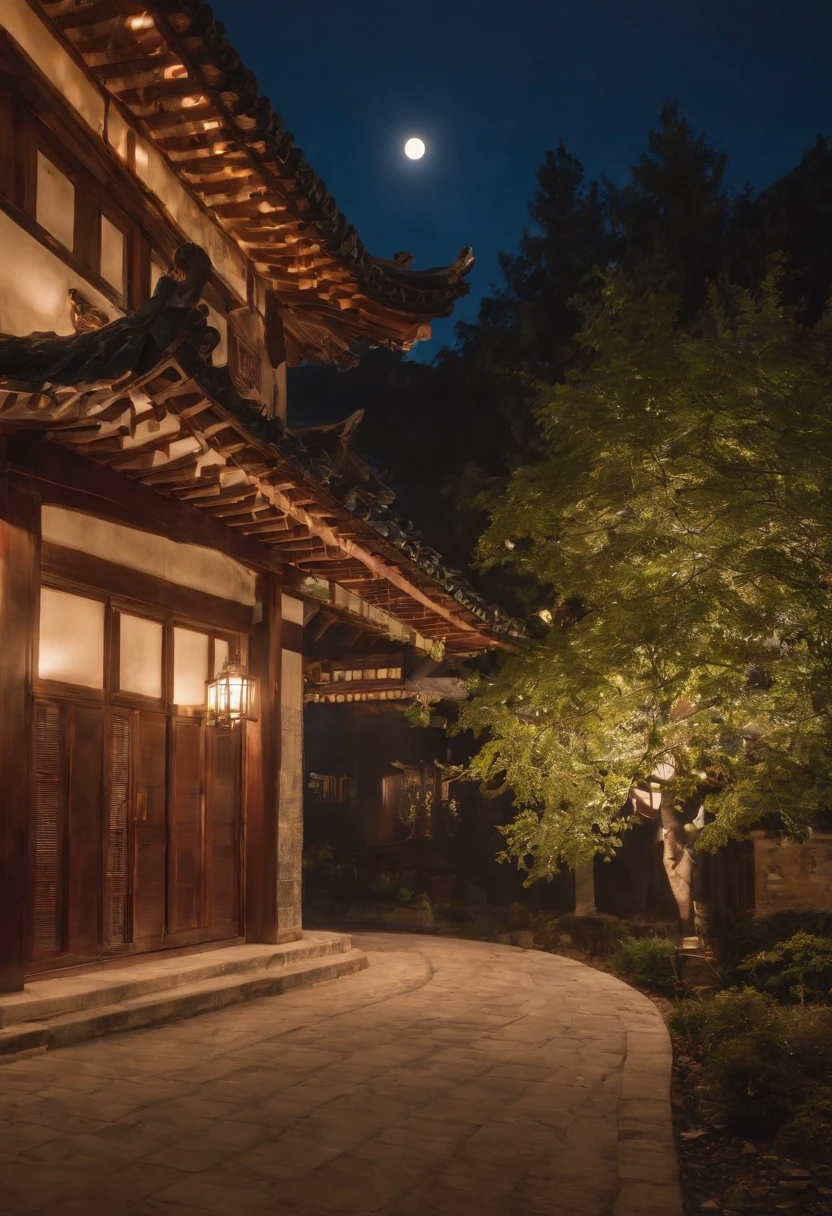 hyper HD, Best quality, A high resolution, High quality, ccurate, 8K,outside,nighttime scene,Leaves as a foreground,(blurryforeground:1.5),Chinese style buildings,the roof,themoon,light and shadow effect,Beautiful light and shadow,Warm tones,(Autumn nights:1.5)