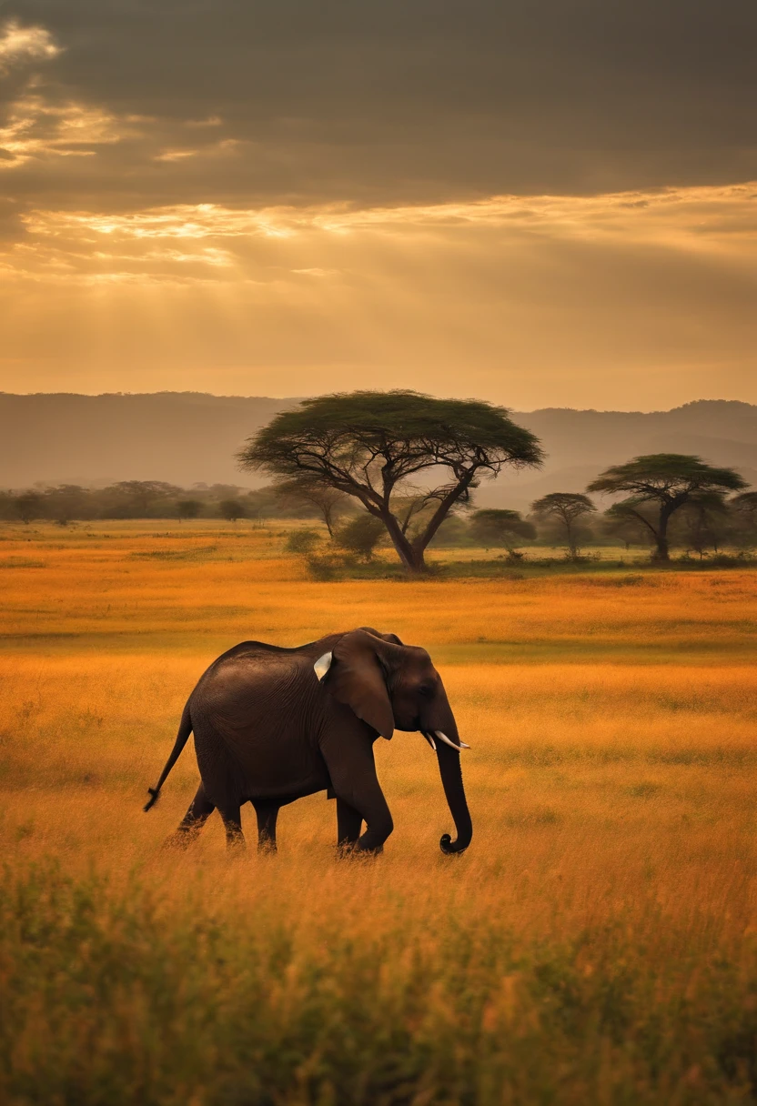 An elephant walks side by side with a speeding car through endless meadows