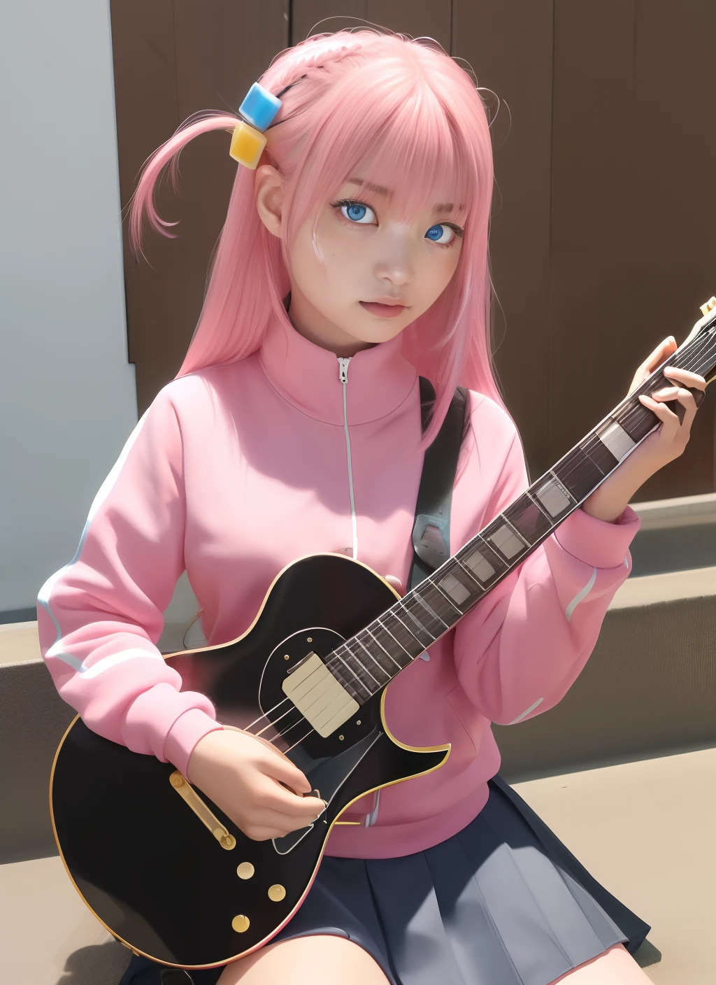 Holding a guitar、Sit up、A MILF、30-years old、Lateral face,1girl in,gotou hitori,((cube hair ornament)),Solo,Pink hair,Blue eyes,plein air,On the stairs,Guitar,masutepiece, medium breasts⁩,(pink track jacket:1.1025), Black pleated skirt,Photorealsitic, hight resolution, 1 rapariga, Korea person, Heterochromia eyes, small moles under eyes,