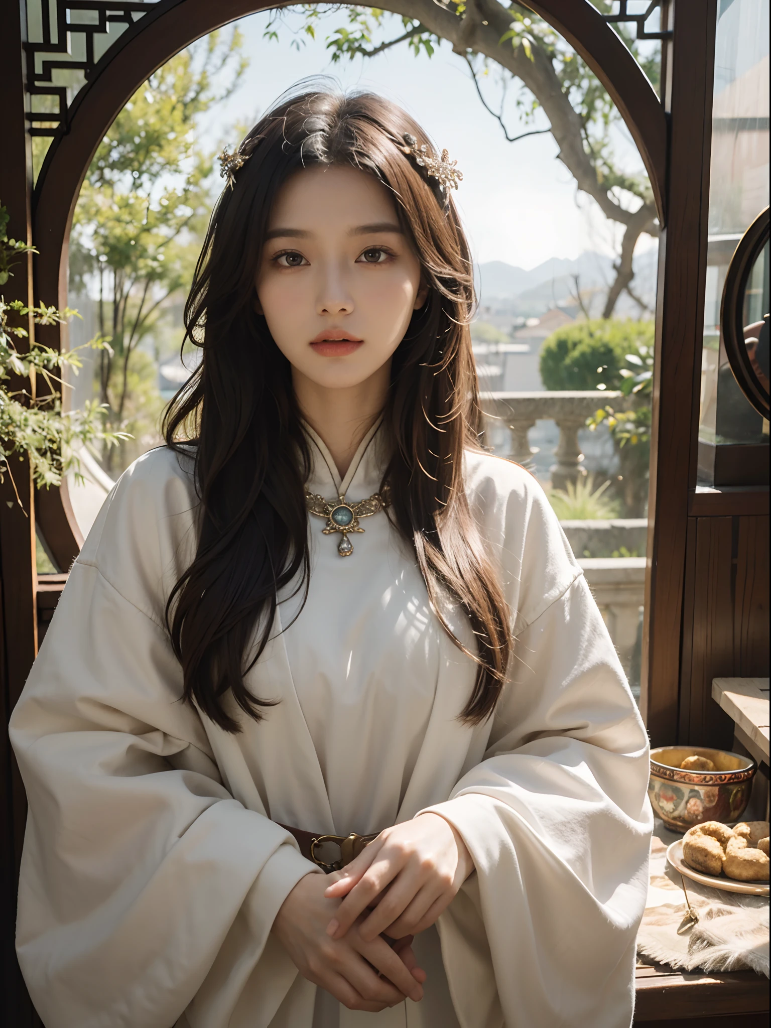High quality, masterpiece, masterpiece, exquisite facial features, exquisite hair, exquisite eyes, exquisite color hair, 4K picture quality, gorgeous light and shadow, Tyndall effect, halo, messy hair, young state, gorgeous scene, exquisite clothes, chains, feathers, ancient chinese beauty with big eyes very detailed, digital painting, artstation, concept art, sharp focus, illustration, art by greg rutkowski and alphonse mucha and victo ngai